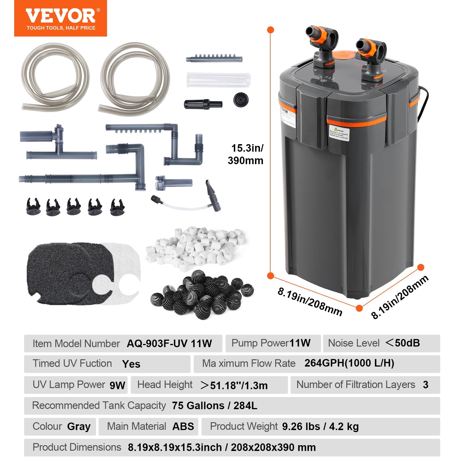 Išorinis akvariumo filtras VEVOR AQ-903F-UV 11W, 1000 l/val.