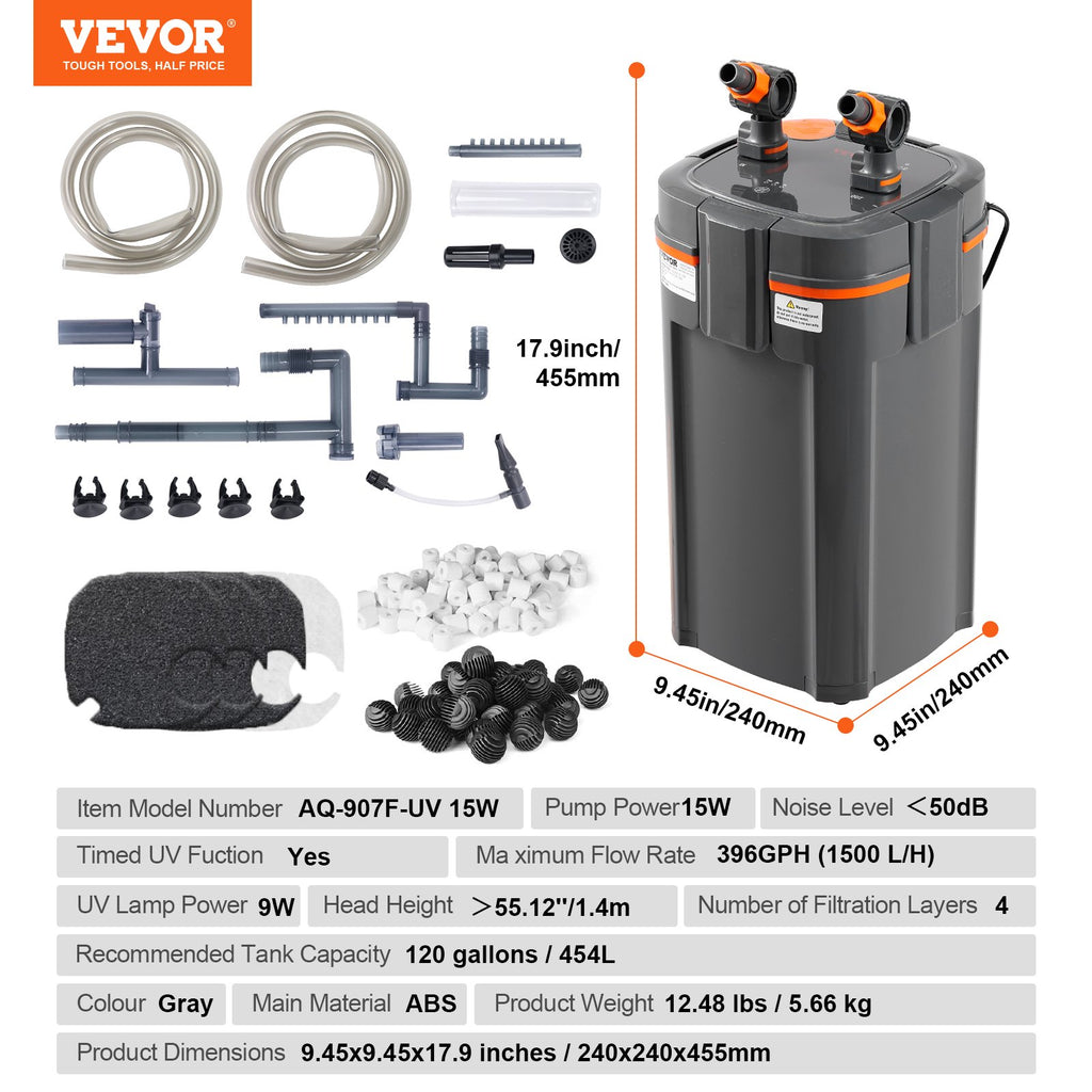 Akvariumo išorinis filtras VEVOR AQ-907F-UV 15W, 1500 l/val.
