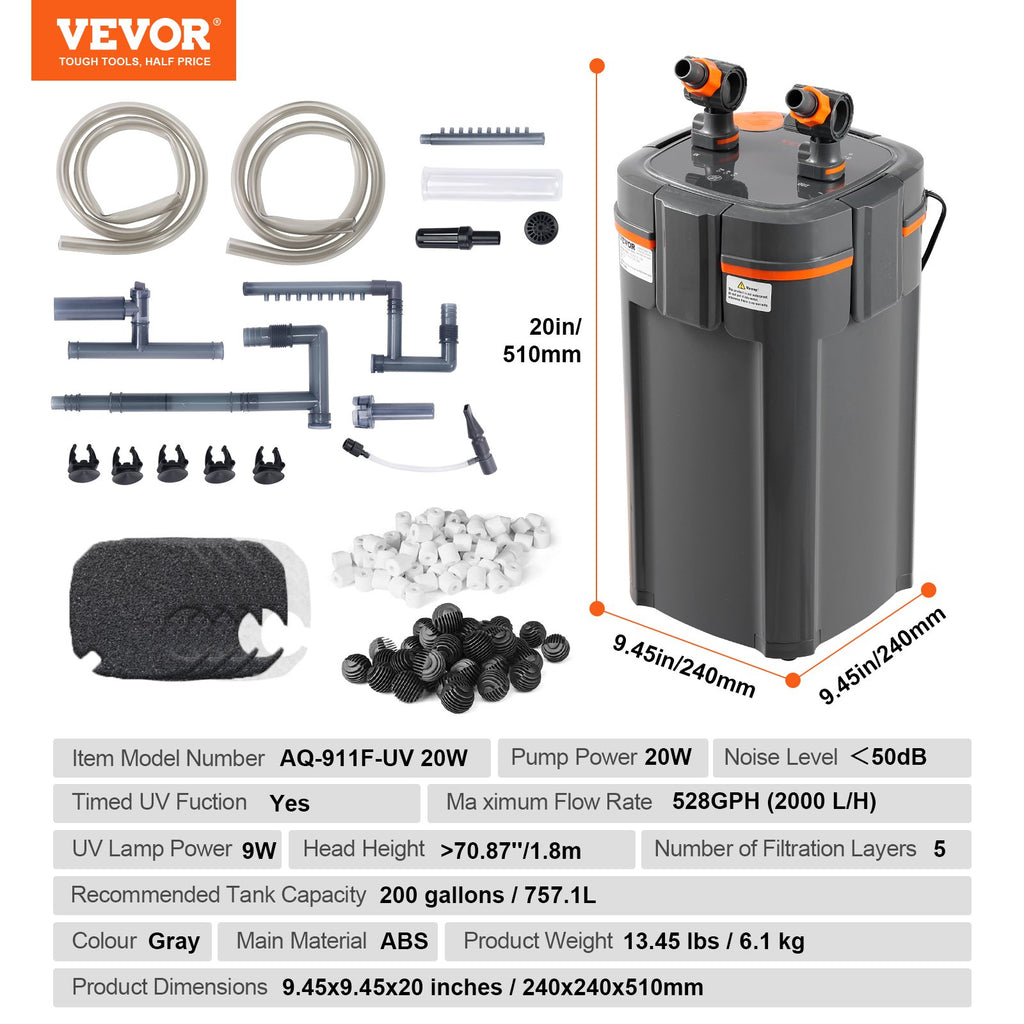 Išorinis akvariumo filtras VEVOR AQ-911F-UV, 2000 l/val.