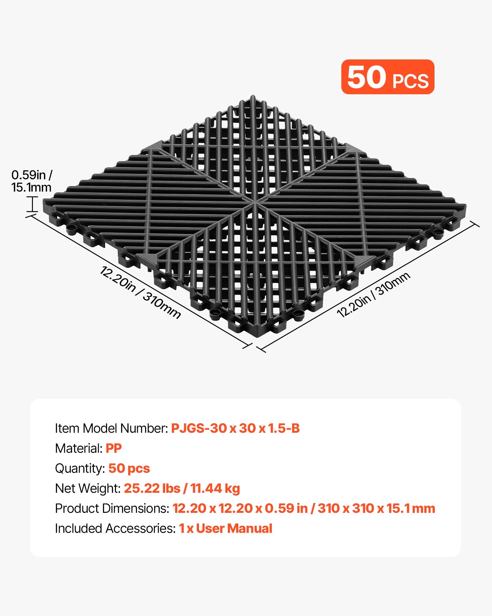 Sujungiami drenažiniai kilimėliai VEVOR PJGS-30x30x1.5-B, 310 x 310 mm, 50 vnt.