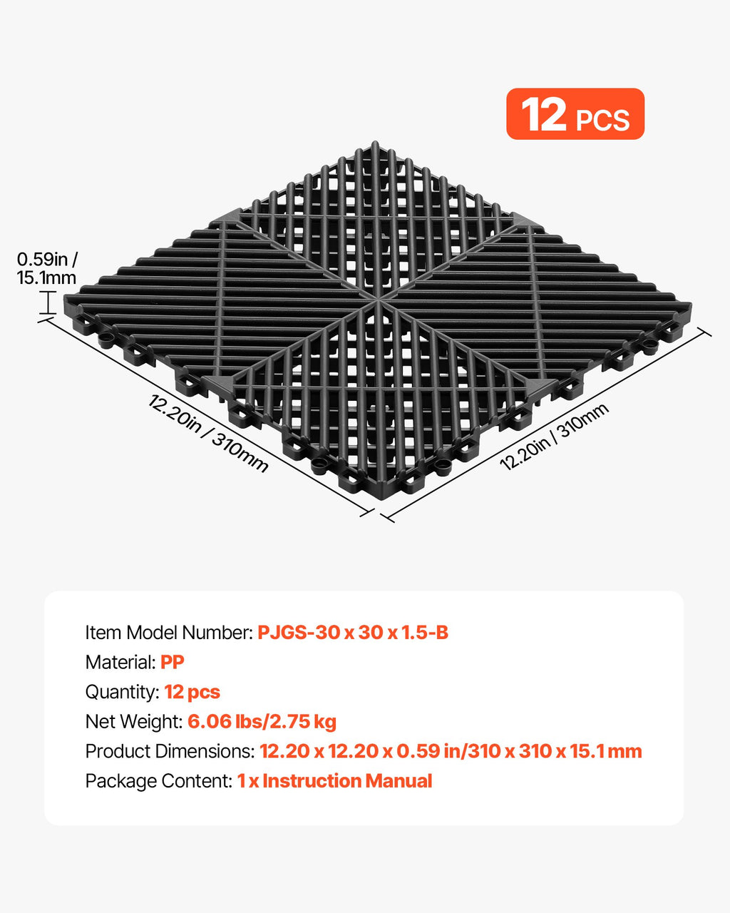 Modulinės drenažinės grindų plytelės VEVOR PJGS-30x30x1.5-B, 12 vnt. rinkinys