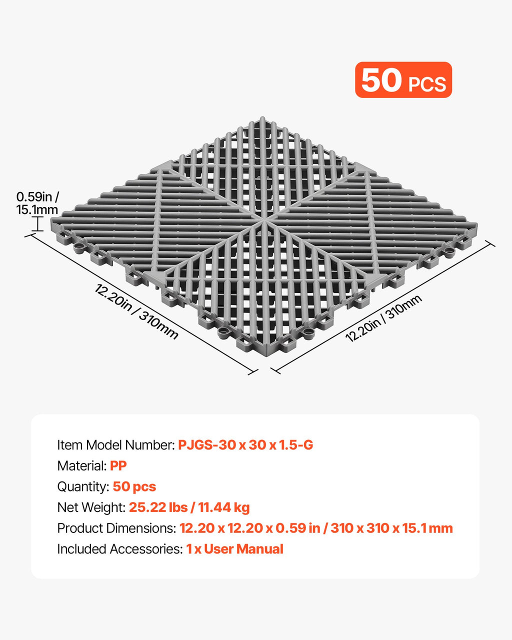 Sujungiami drenažiniai kilimėliai VEVOR PJGS-30x30x1.5-G, 50 vnt. komplektas