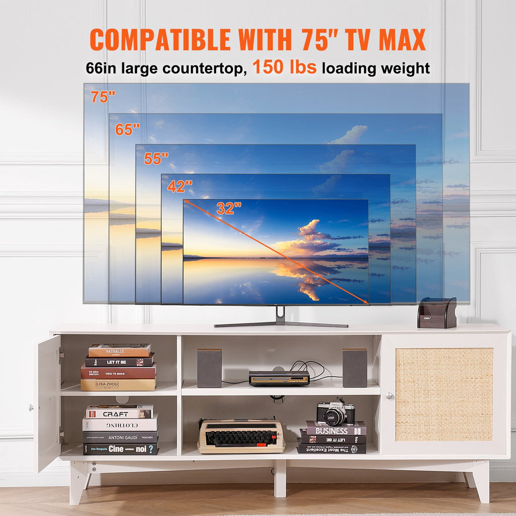 TV staliukas VEVOR CSF-T24101-WHE, skirtas iki 75 colių televizoriams