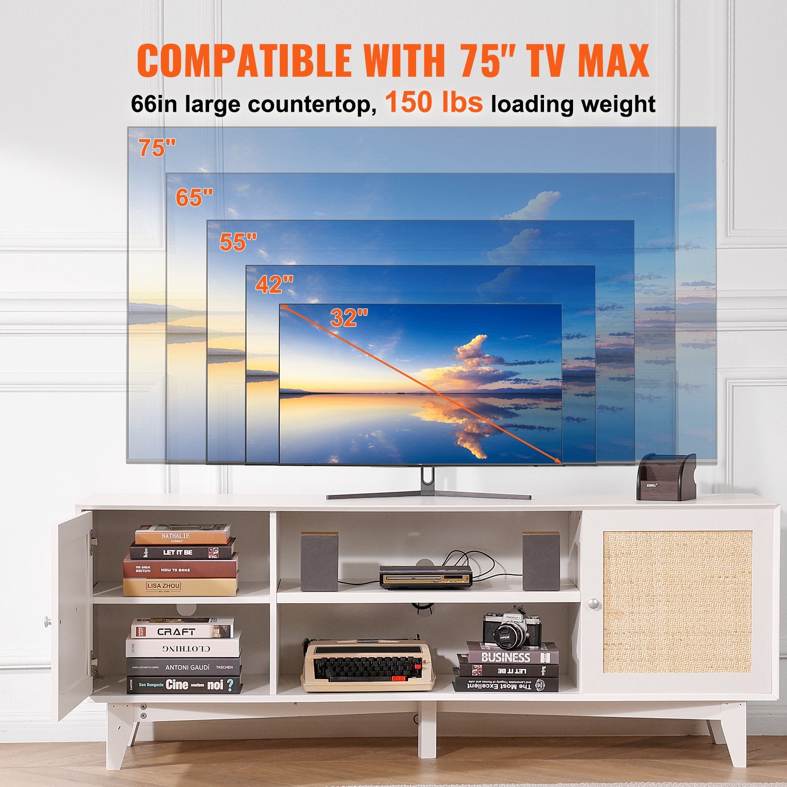 TV staliukas VEVOR CSF-T24101-WHE, skirtas iki 75 colių televizoriams