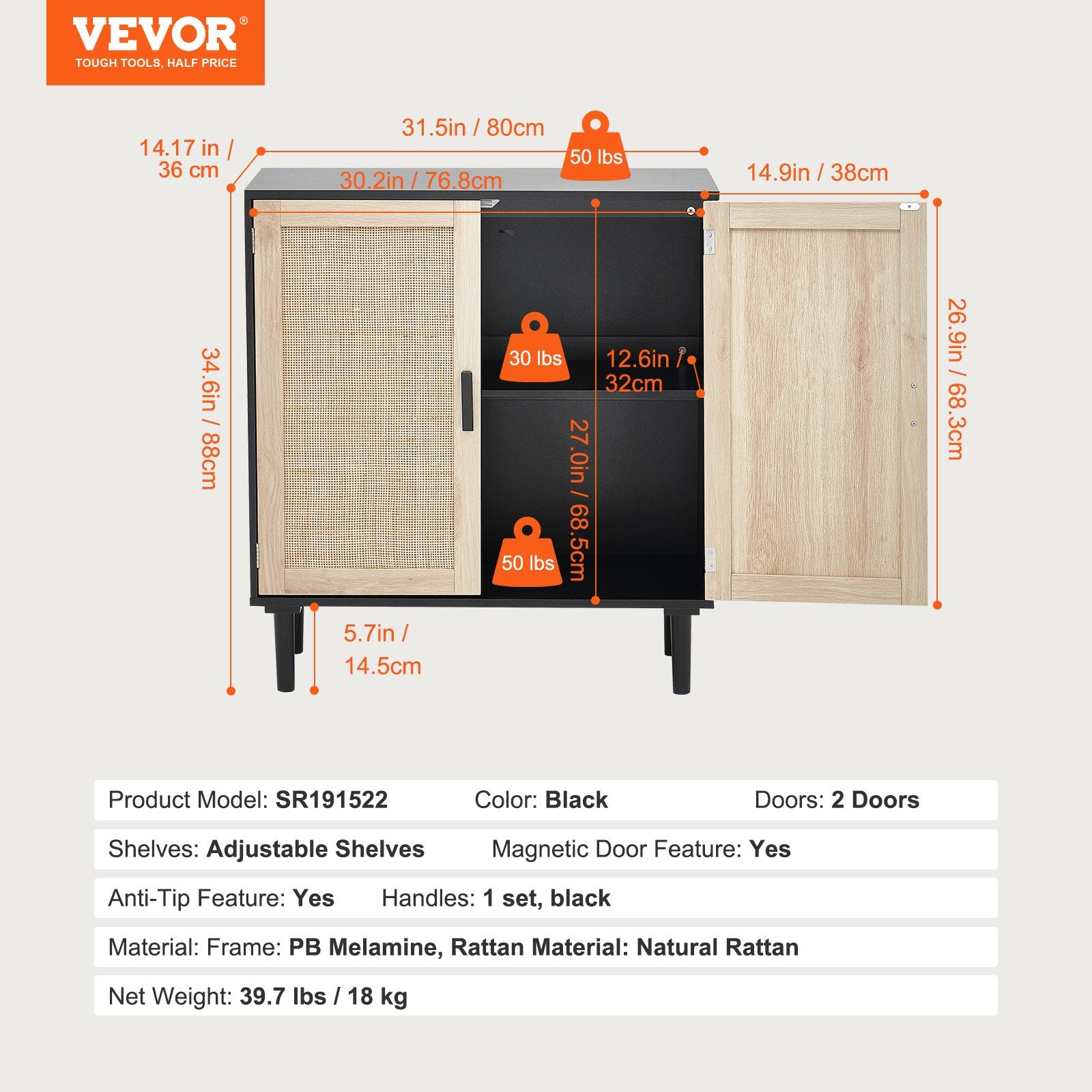 Komoda su ratano durelėmis VEVOR SR191522, 80 cm