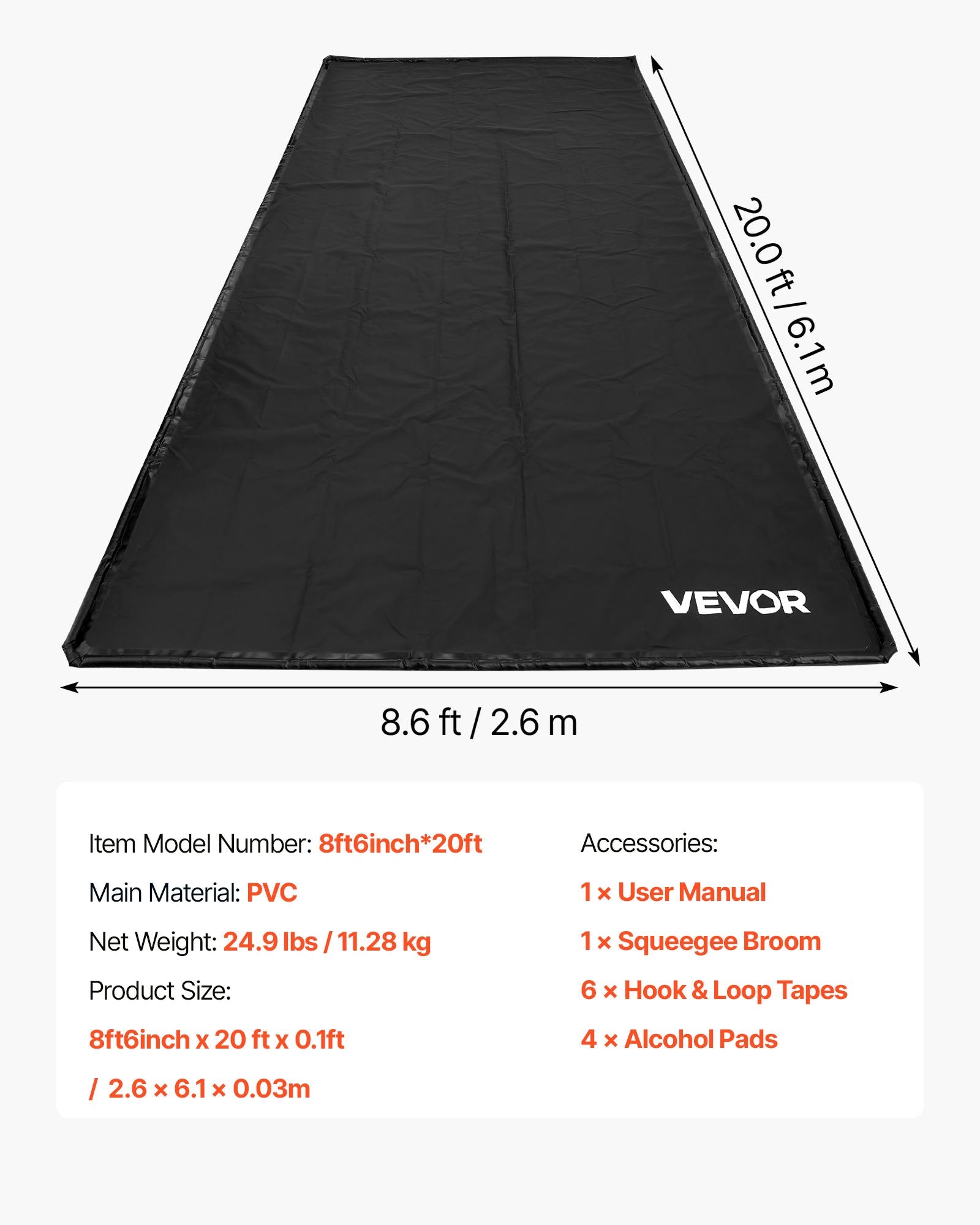 Garažo grindų kilimėlis VEVOR 2.6 x 6.1 m, PVC danga su valymo šepečiu