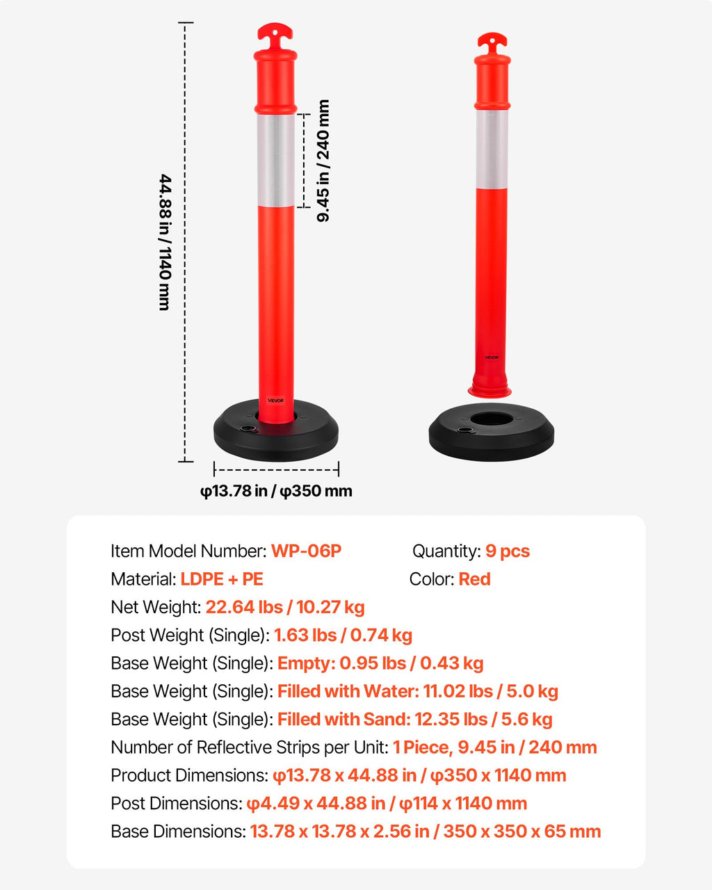 Kelių atitvarų stulpeliai VEVOR WP-06P, 1140 mm aukščio, 9 vnt.