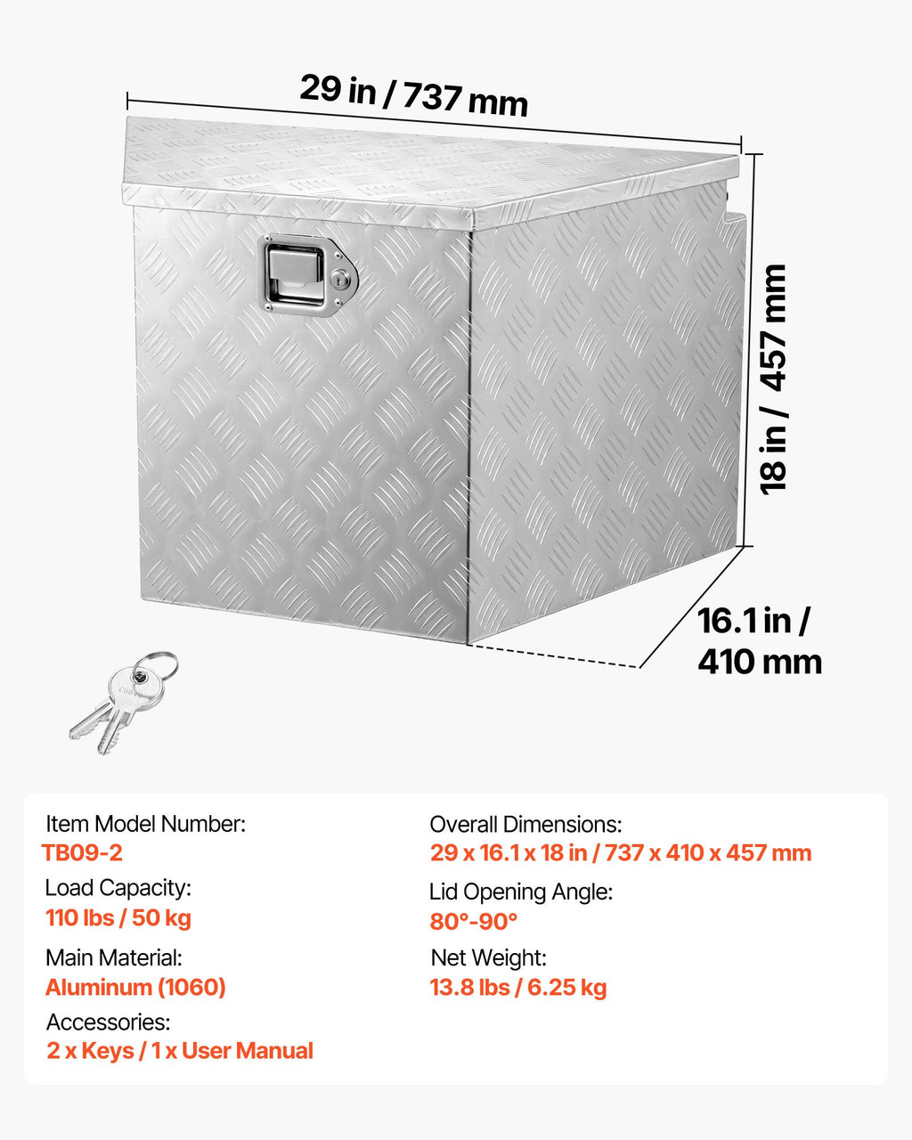 Priekabos įrankių dėžė VEVOR TB09-2, 737 x 410 x 457 mm