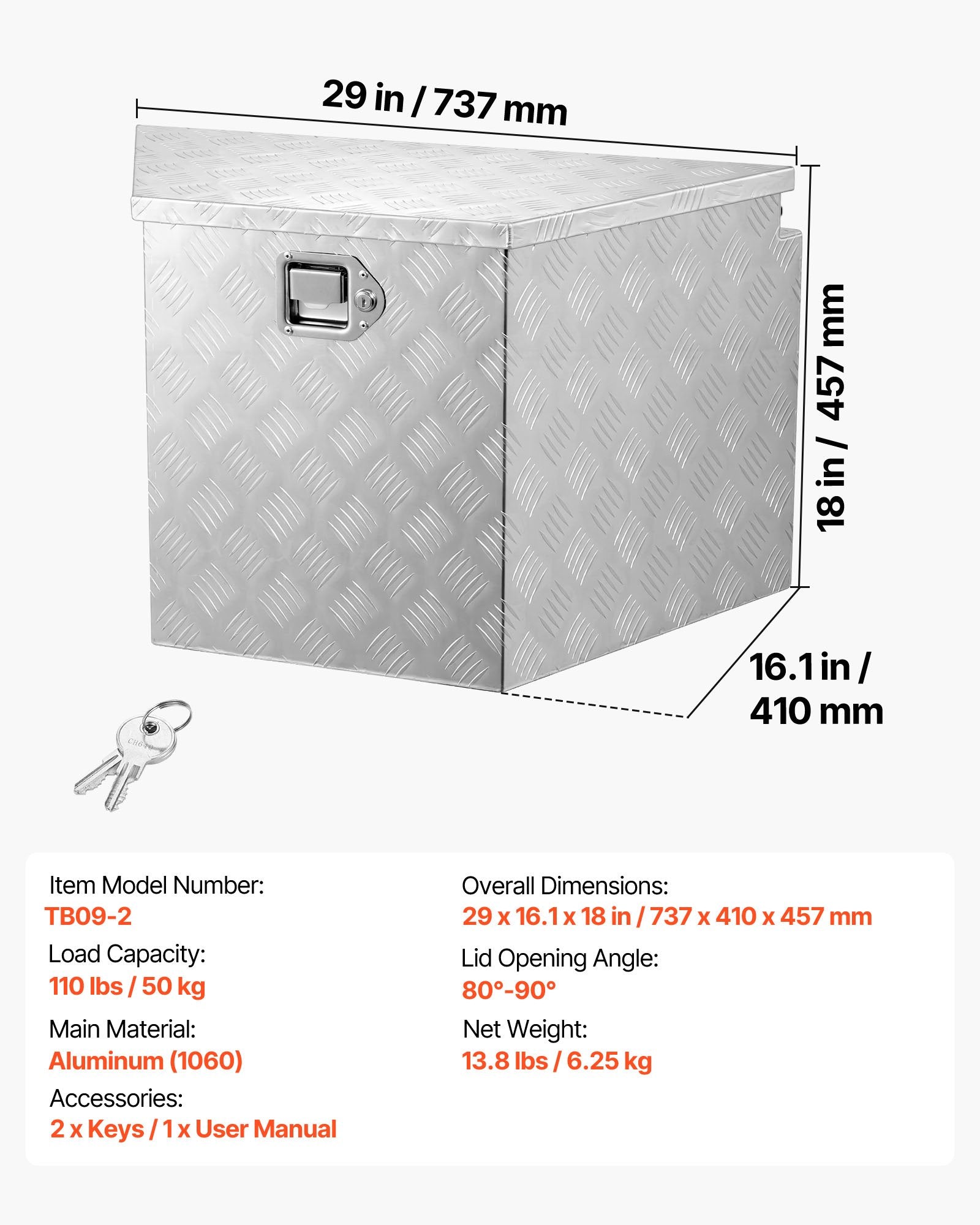Priekabos įrankių dėžė VEVOR TB09-2, 737 x 410 x 457 mm