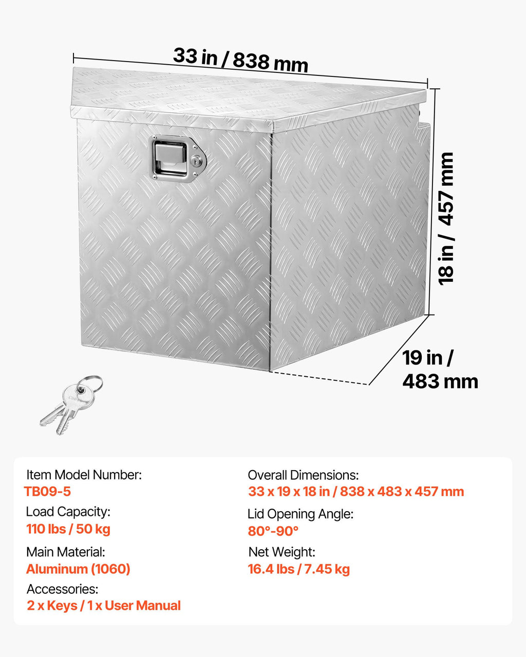 Priekabos dėžė VEVOR TB09-5, 838 x 483 x 457 mm