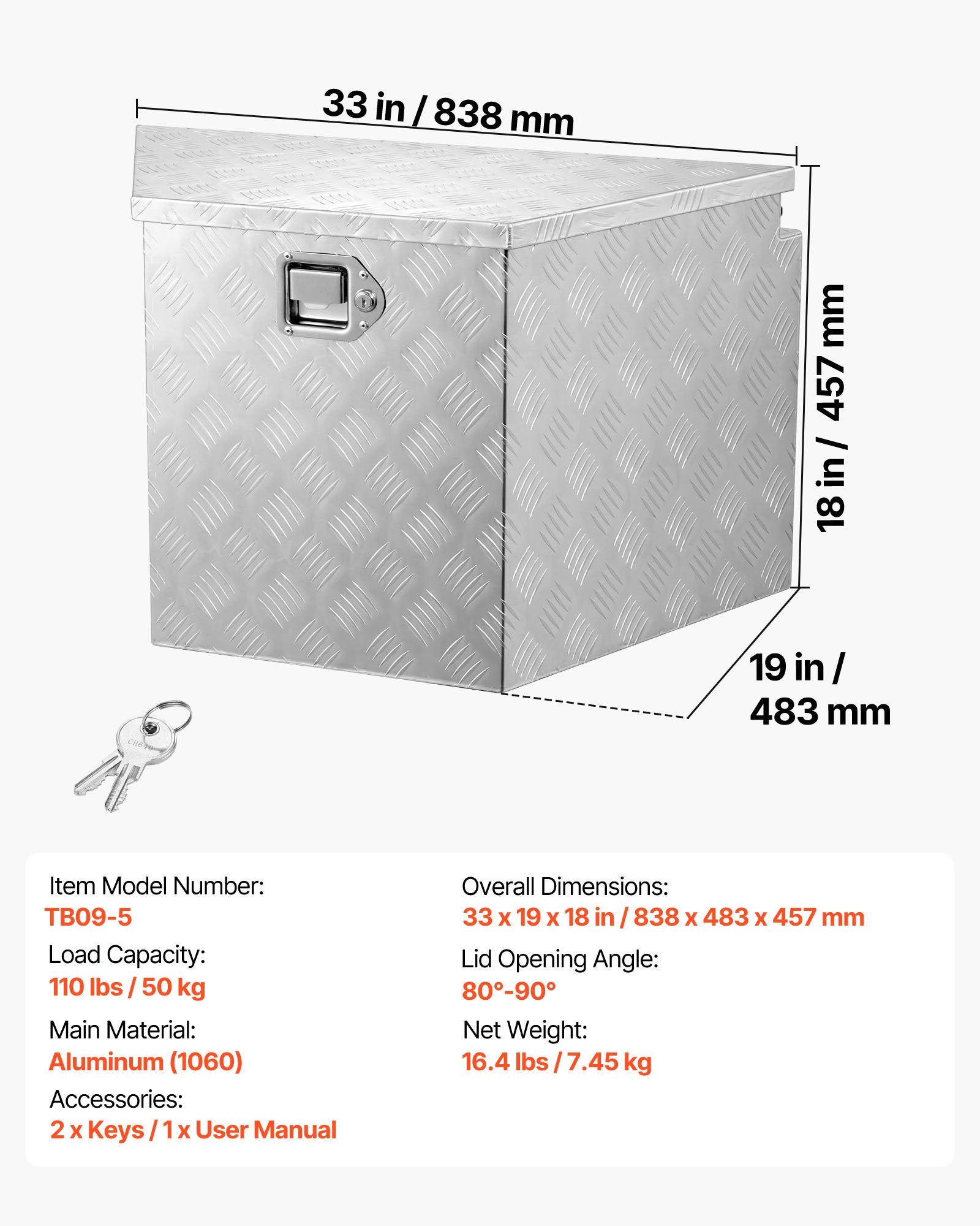 Priekabos dėžė VEVOR TB09-5, 838 x 483 x 457 mm