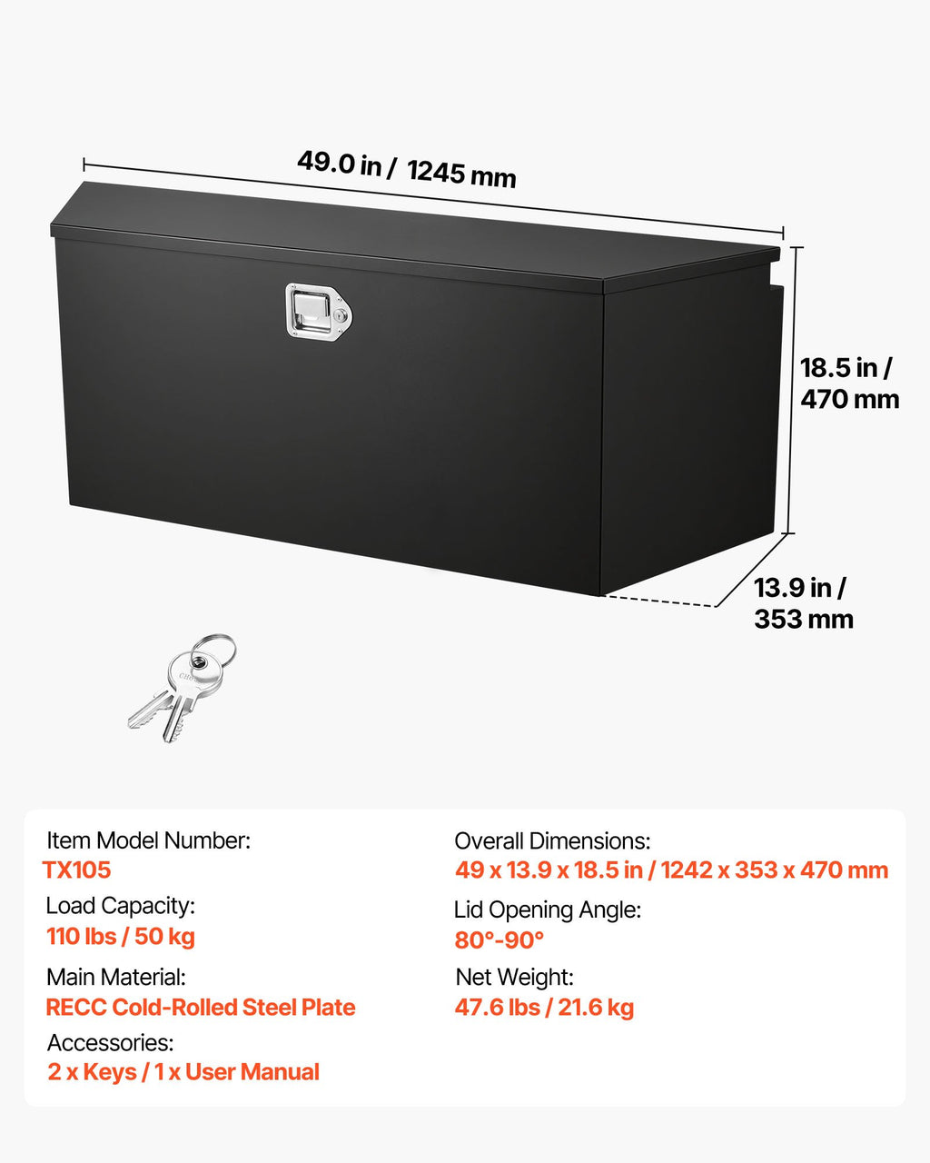 Priekabos dėžė VEVOR TX105, 1245 x 353 x 470 mm