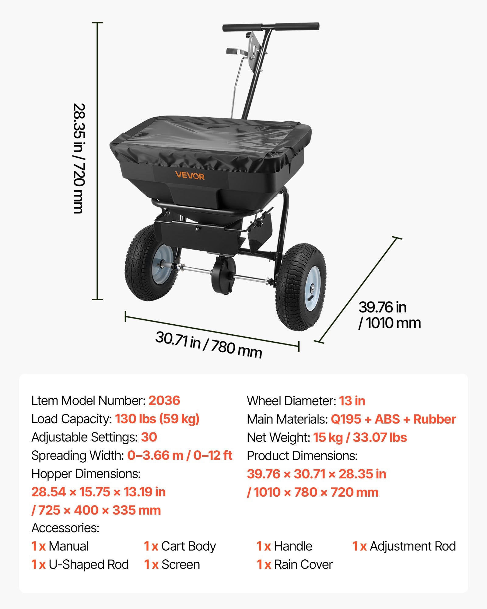 Stumiamas barstytuvas VEVOR 2036, 59 kg talpa