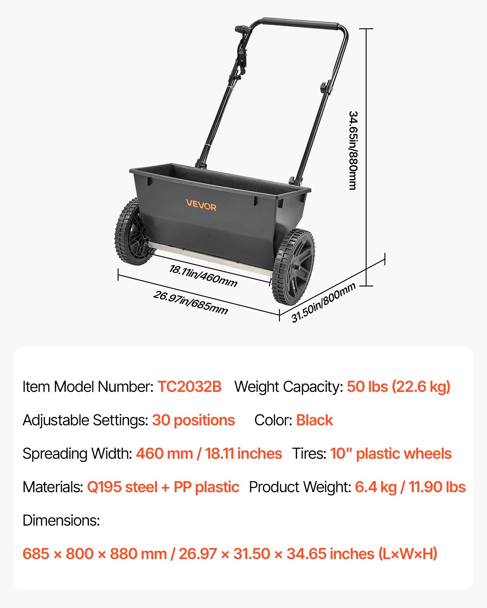 Vejos barstytuvas VEVOR TC2032B, 22,6 kg talpa