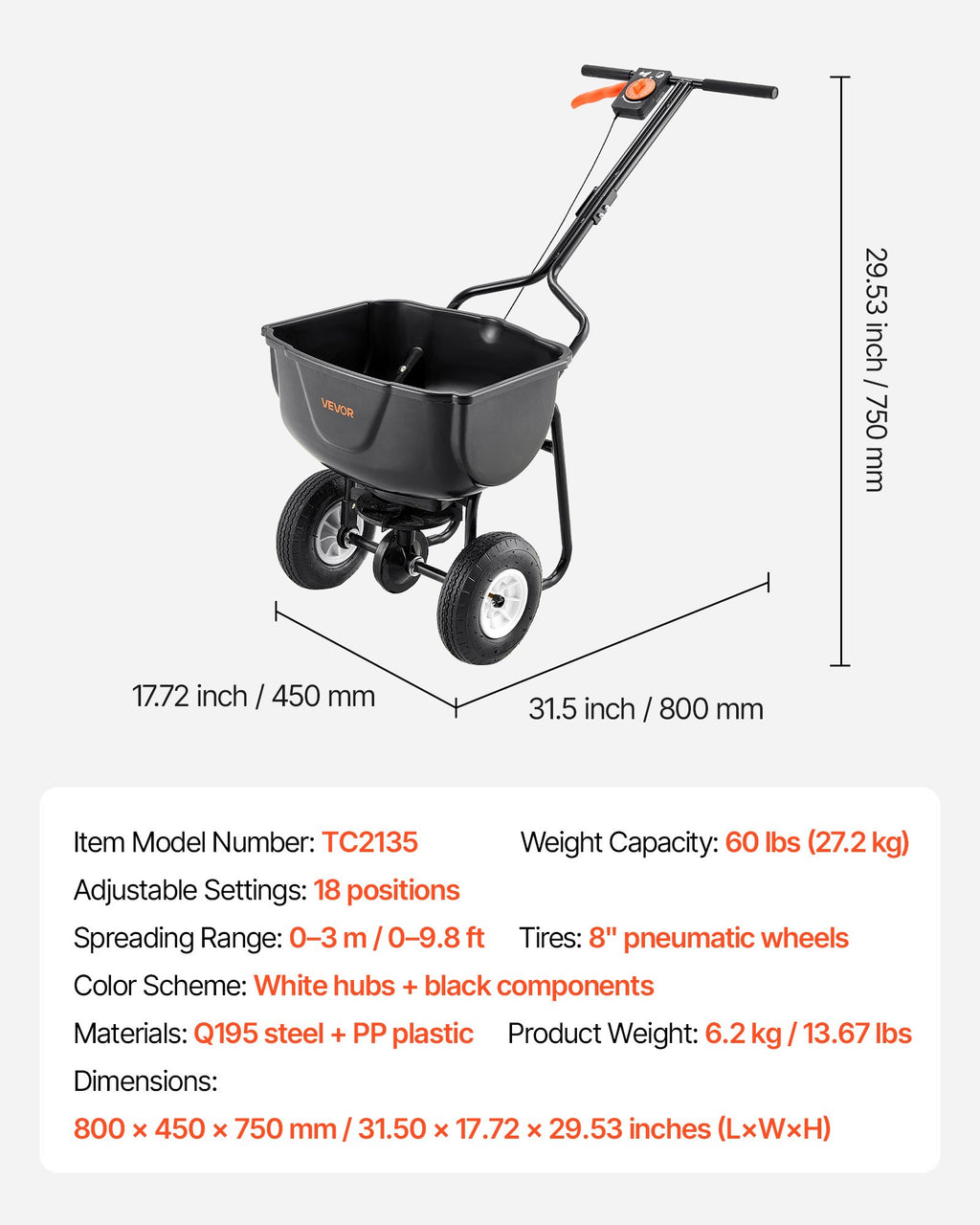 Stumiamas barstytuvas VEVOR TC2135, 27 kg talpa