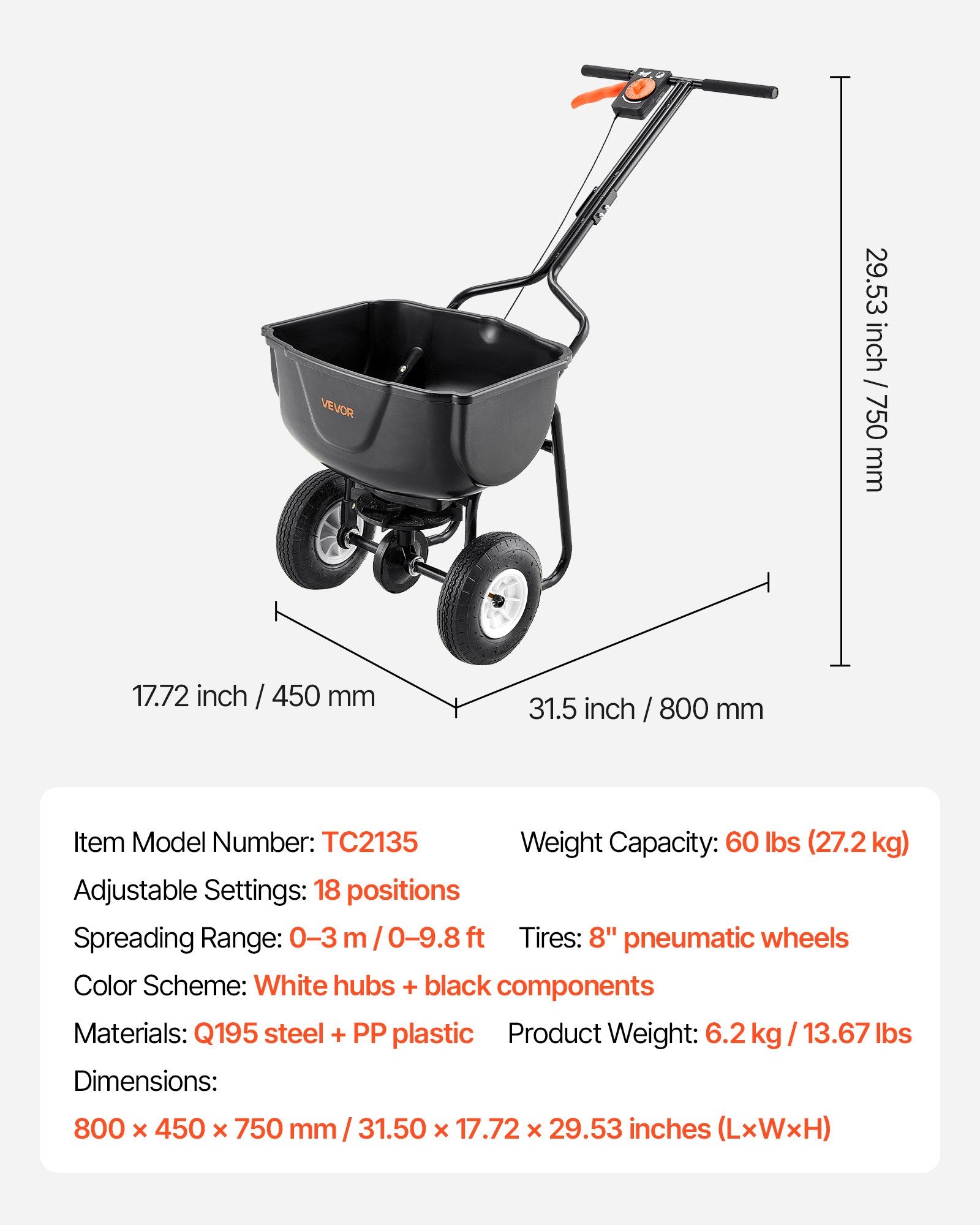 Stumiamas barstytuvas VEVOR TC2135, 27 kg talpa