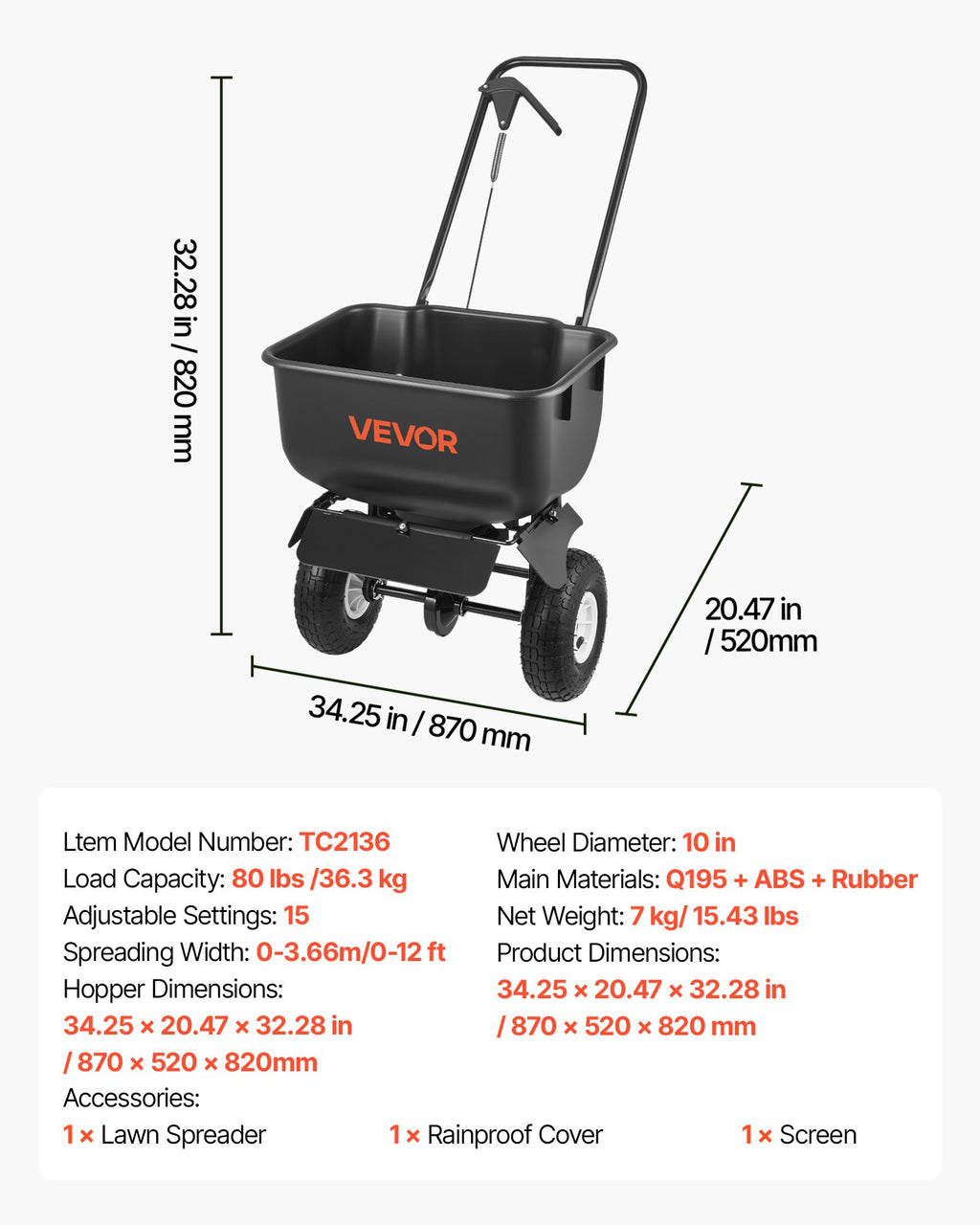 Stumiamas barstytuvas VEVOR TC2136, 36,3 kg talpa