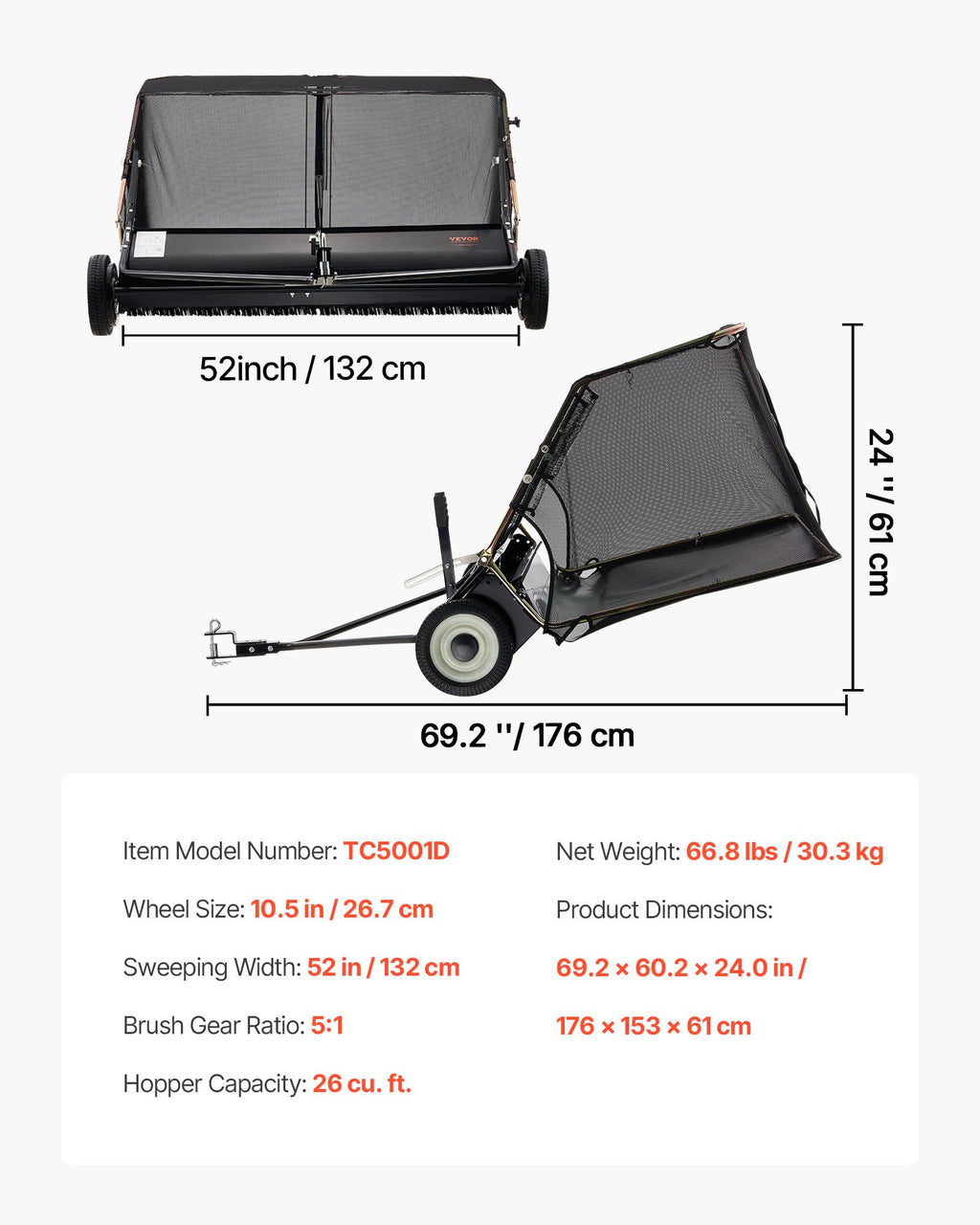 Prikabinamas vejos šlavimo įrenginys VEVOR TC5001D, 132 cm pločio