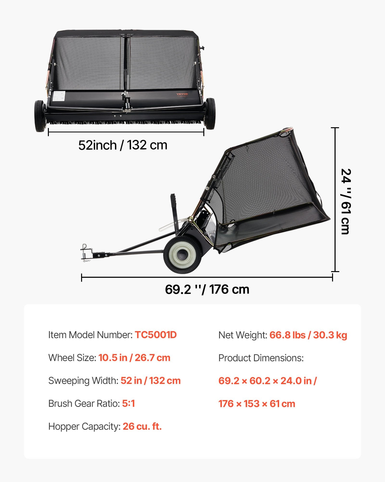 Prikabinamas vejos šlavimo įrenginys VEVOR TC5001D, 132 cm pločio