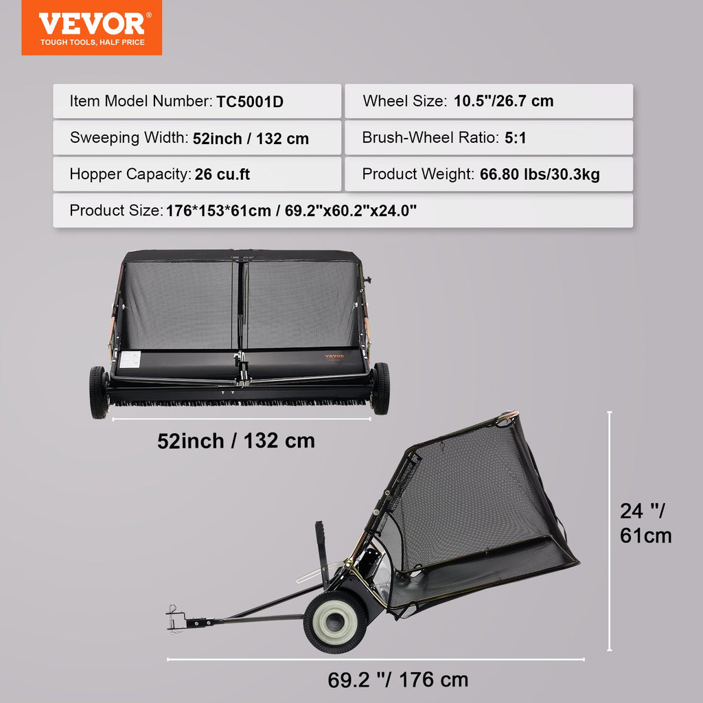 Prikabinama vejos šluota VEVOR TC5001D, 132 cm darbinis plotis