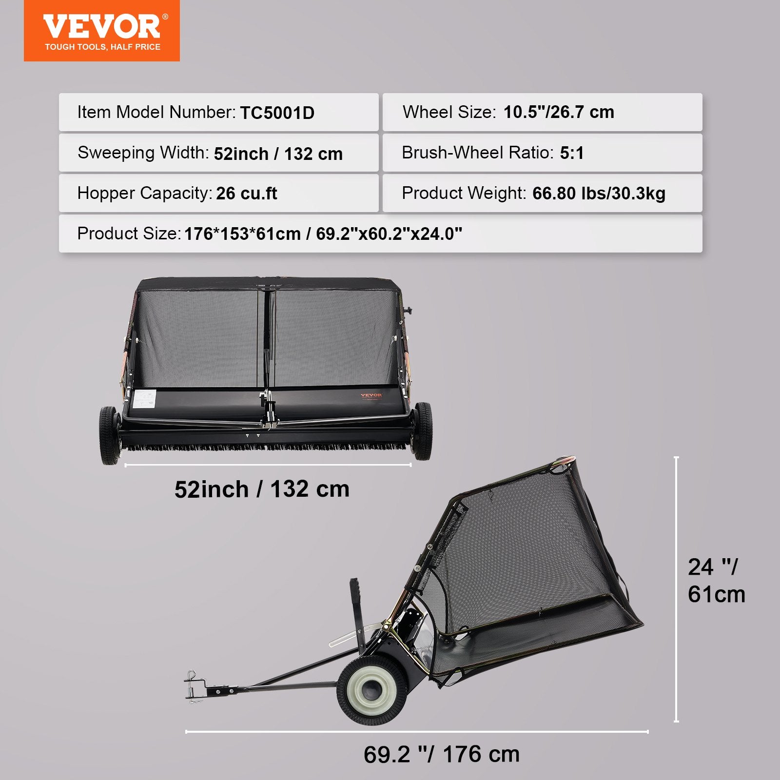 Prikabinama vejos šluota VEVOR TC5001D, 132 cm darbinis plotis
