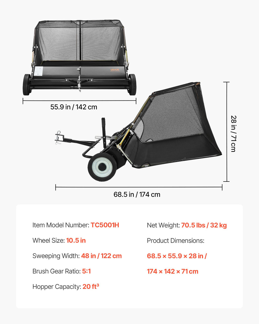 Prikabinamas vejos šlavimo įrenginys VEVOR TC5001H, 122 cm