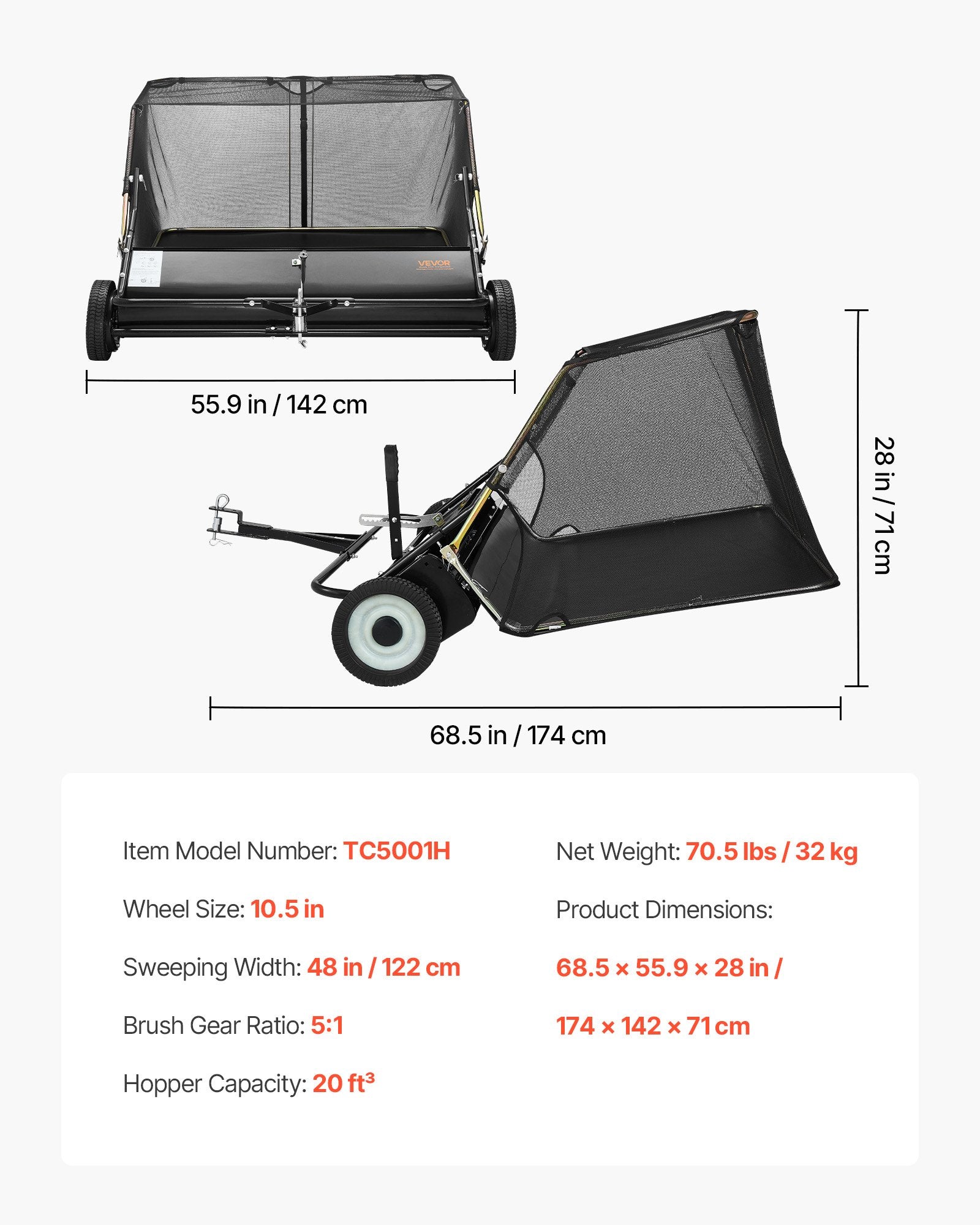 Prikabinamas vejos šlavimo įrenginys VEVOR TC5001H, 122 cm