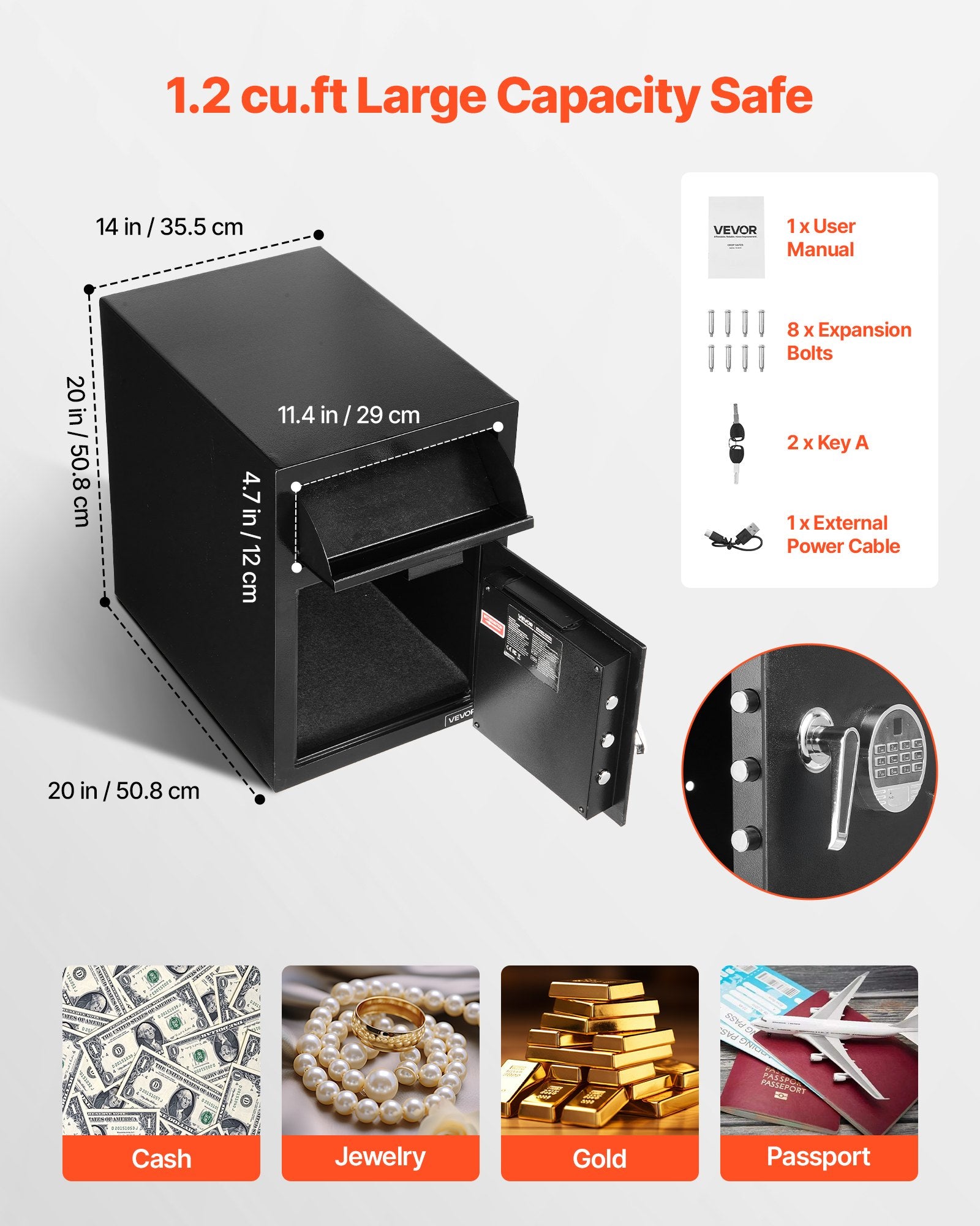 Seifas su anga pinigams įmesti VEVOR TD-SS508, 34 l talpa