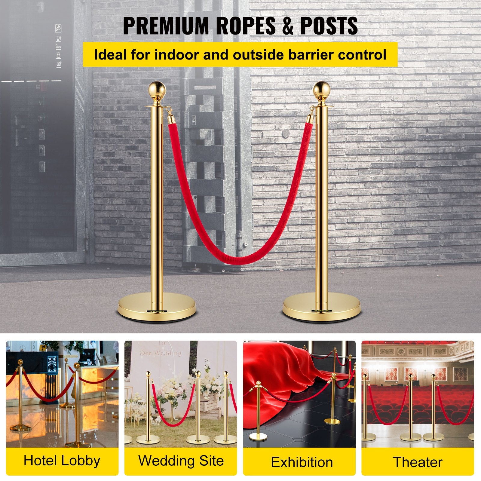 Atitvarai su aksomine virve VEVOR Gold Stanchion, 4 vnt. komplektas