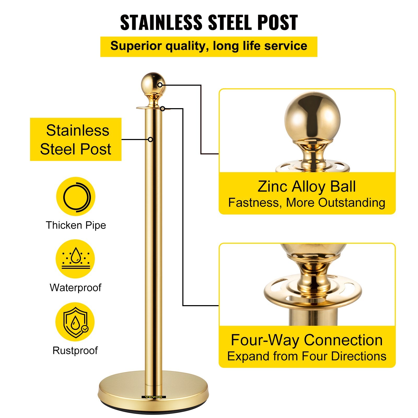 Atitvarai su aksomine virve VEVOR Gold Stanchion, 4 vnt. komplektas