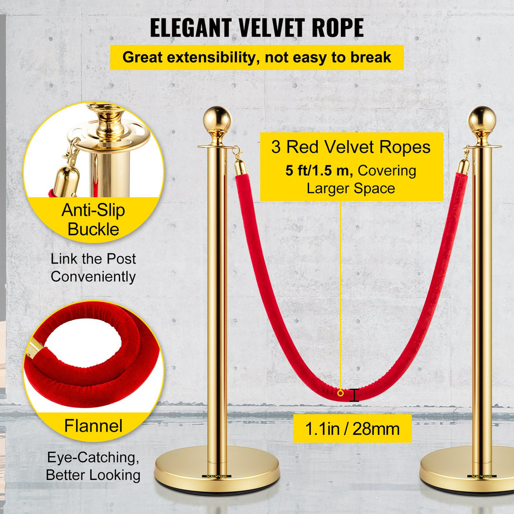 Atitvarų stulpeliai su aksomine virve VEVOR Gold Stanchion 6Pcs, 6 vnt. komplektas