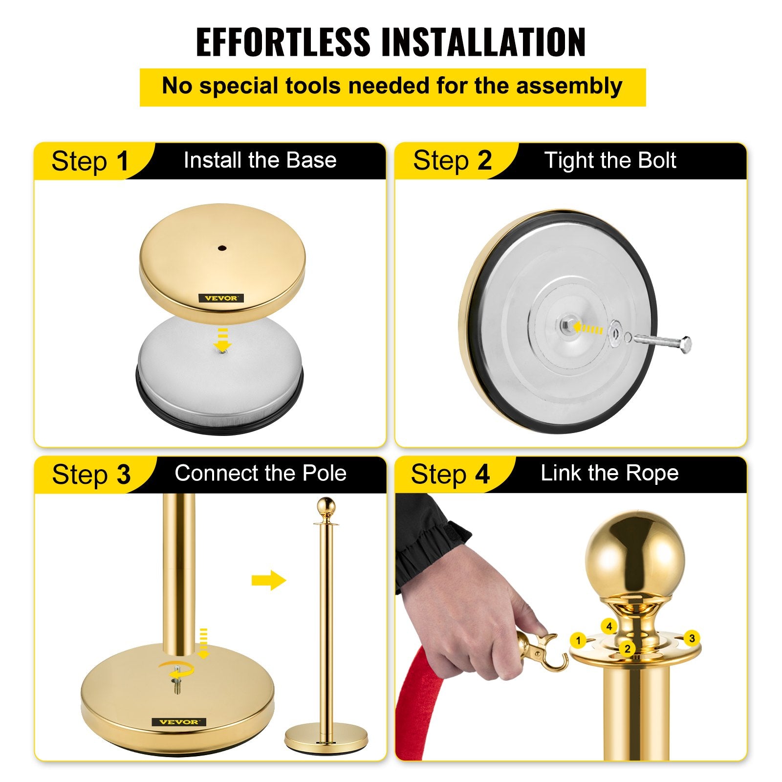 Atitvarų stulpeliai su aksomine virve VEVOR Gold Stanchion 6Pcs, 6 vnt. komplektas