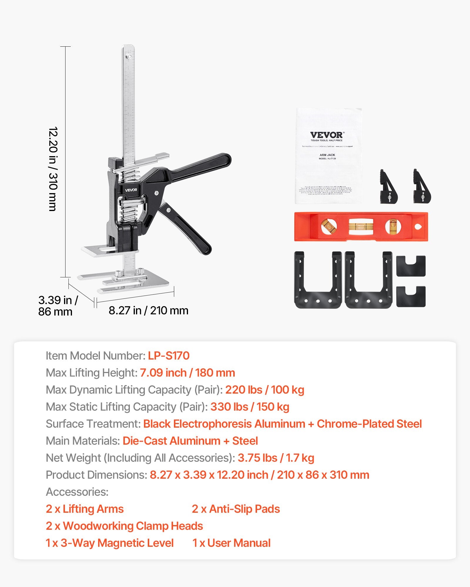 Rankinis keltuvas VEVOR LP-S170, 150 kg keliamoji galia