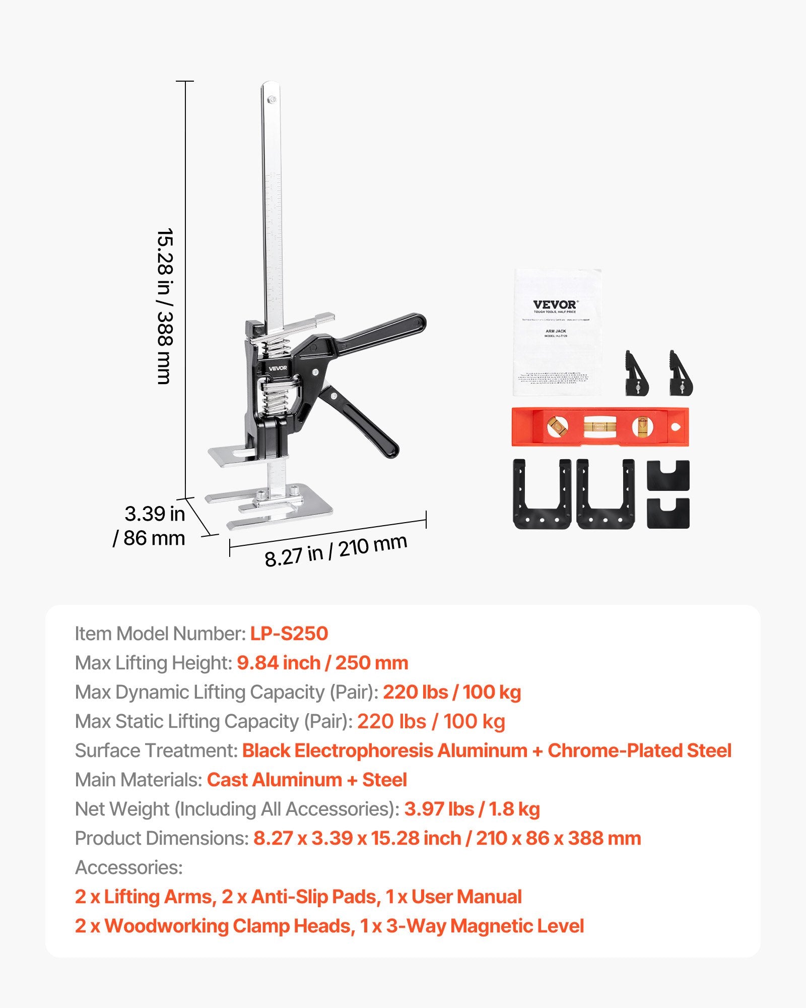 Rankinis keltuvas (kėlimo svirtis) VEVOR LP-S250, 150 kg keliamoji galia