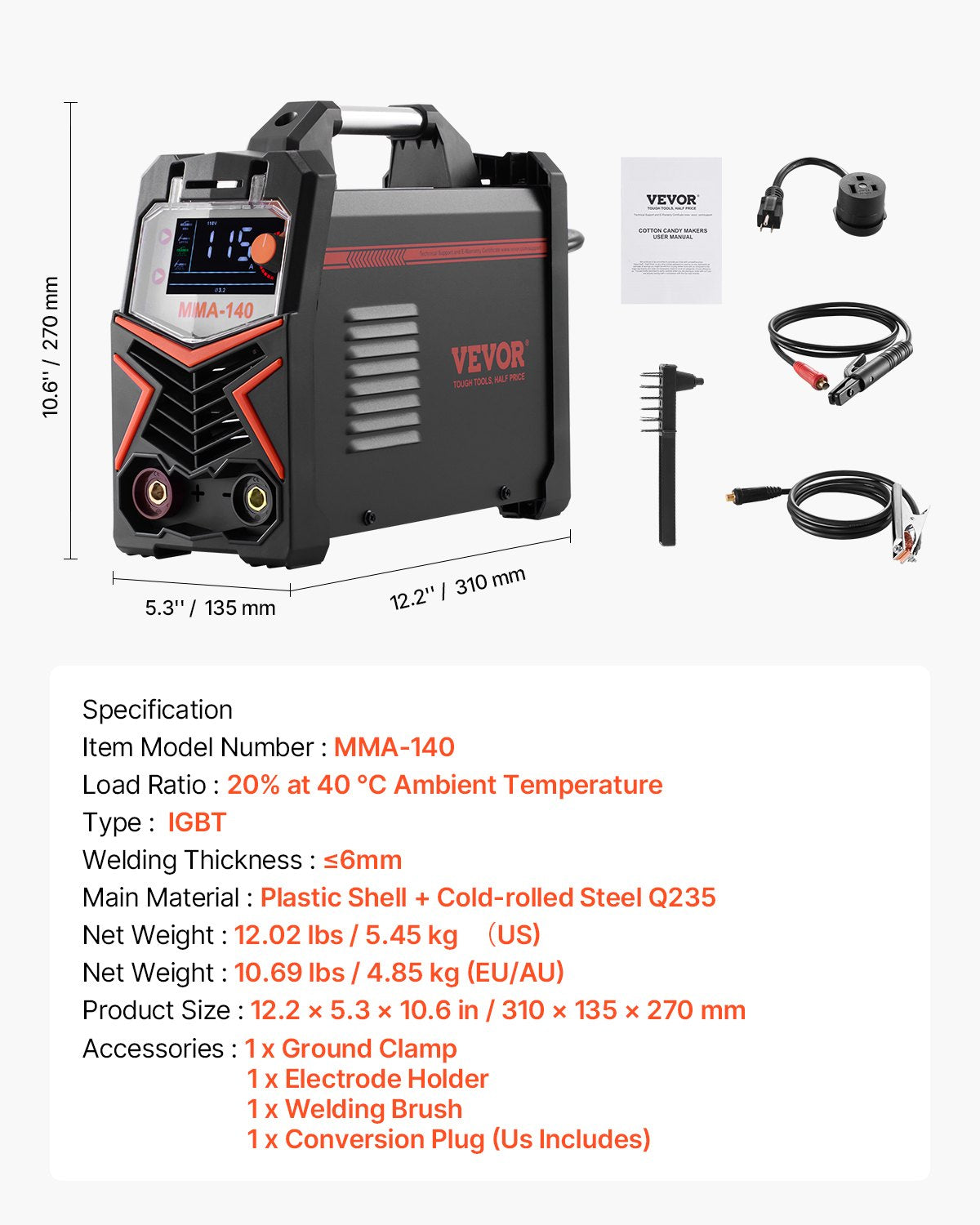 Suvirinimo aparatas VEVOR MMA-140, 140A
