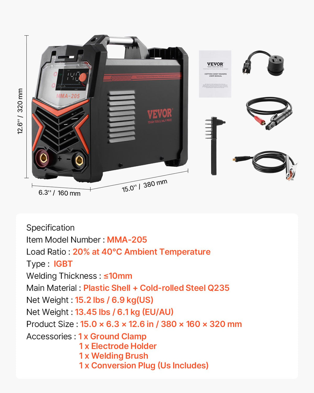 Suvirinimo aparatas VEVOR MMA-205, 205A