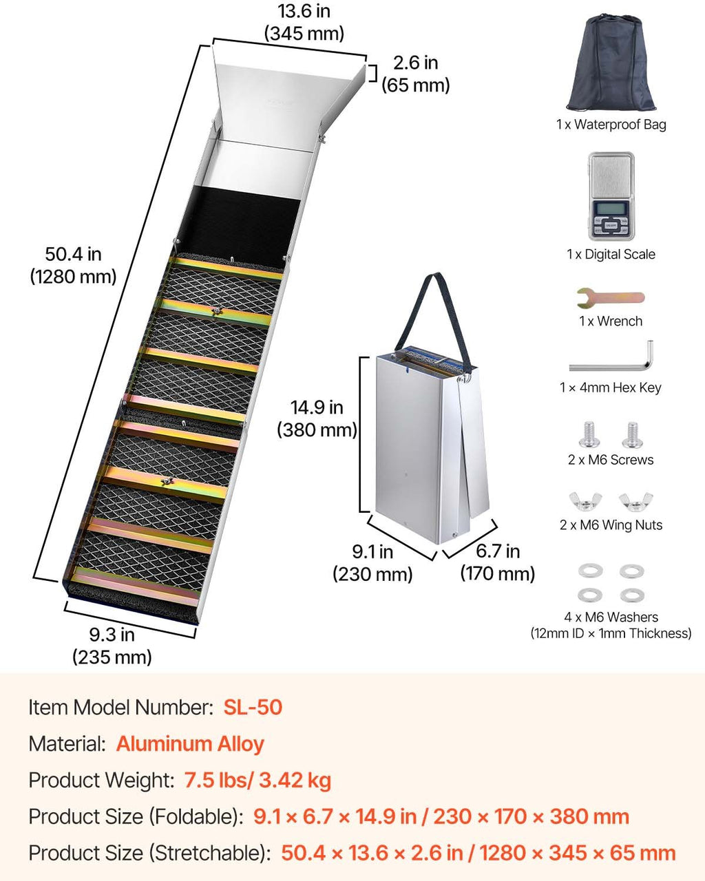 Sulankstomas aukso plovimo latakas VEVOR VV-JH-TJC50, 127 cm ilgio