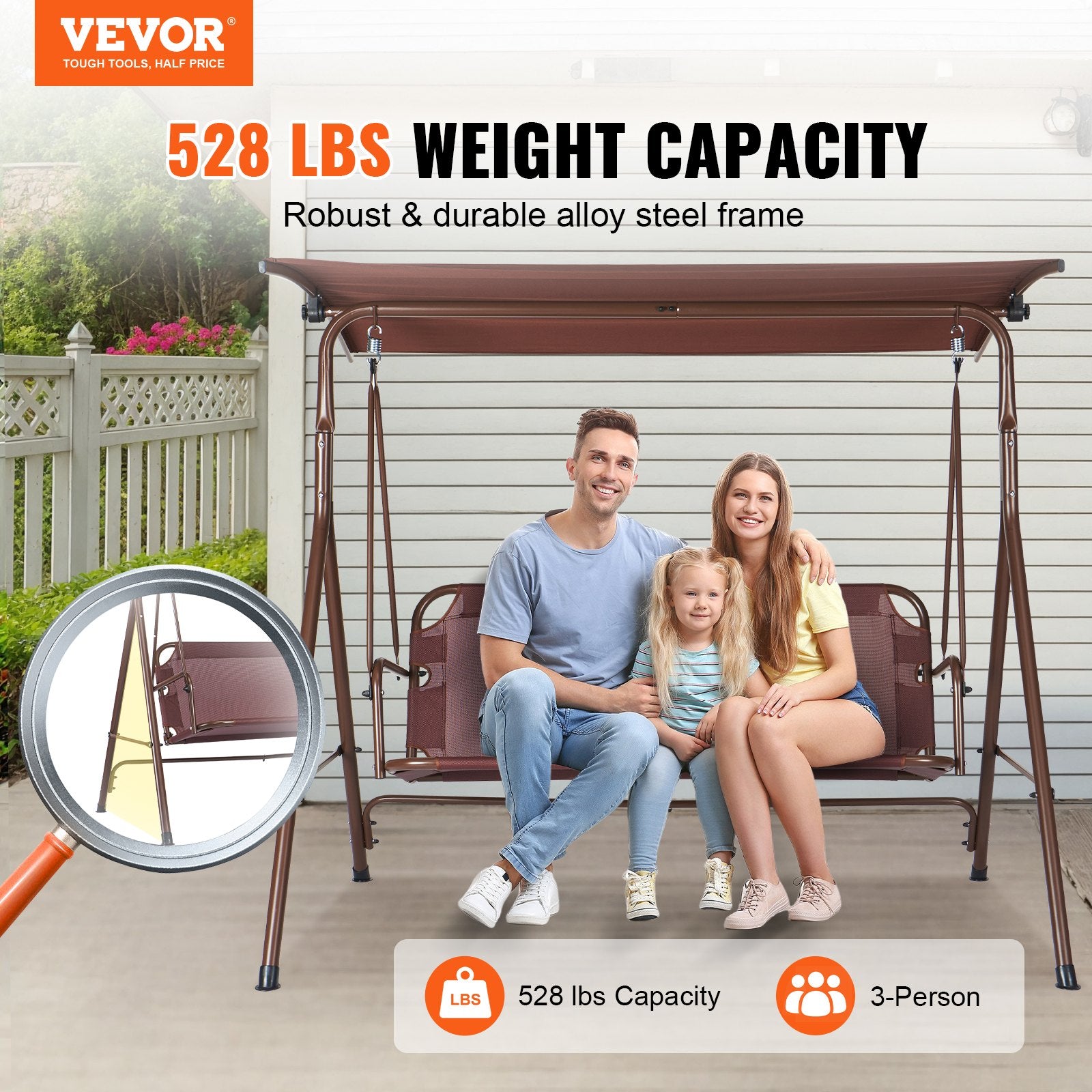 Trijų vietų lauko sūpynės VEVOR SW001-10, iki 240 kg apkrova