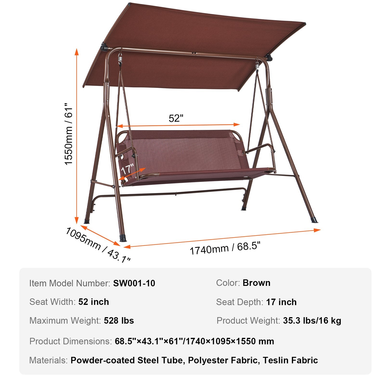 Trijų vietų lauko sūpynės VEVOR SW001-10, iki 240 kg apkrova