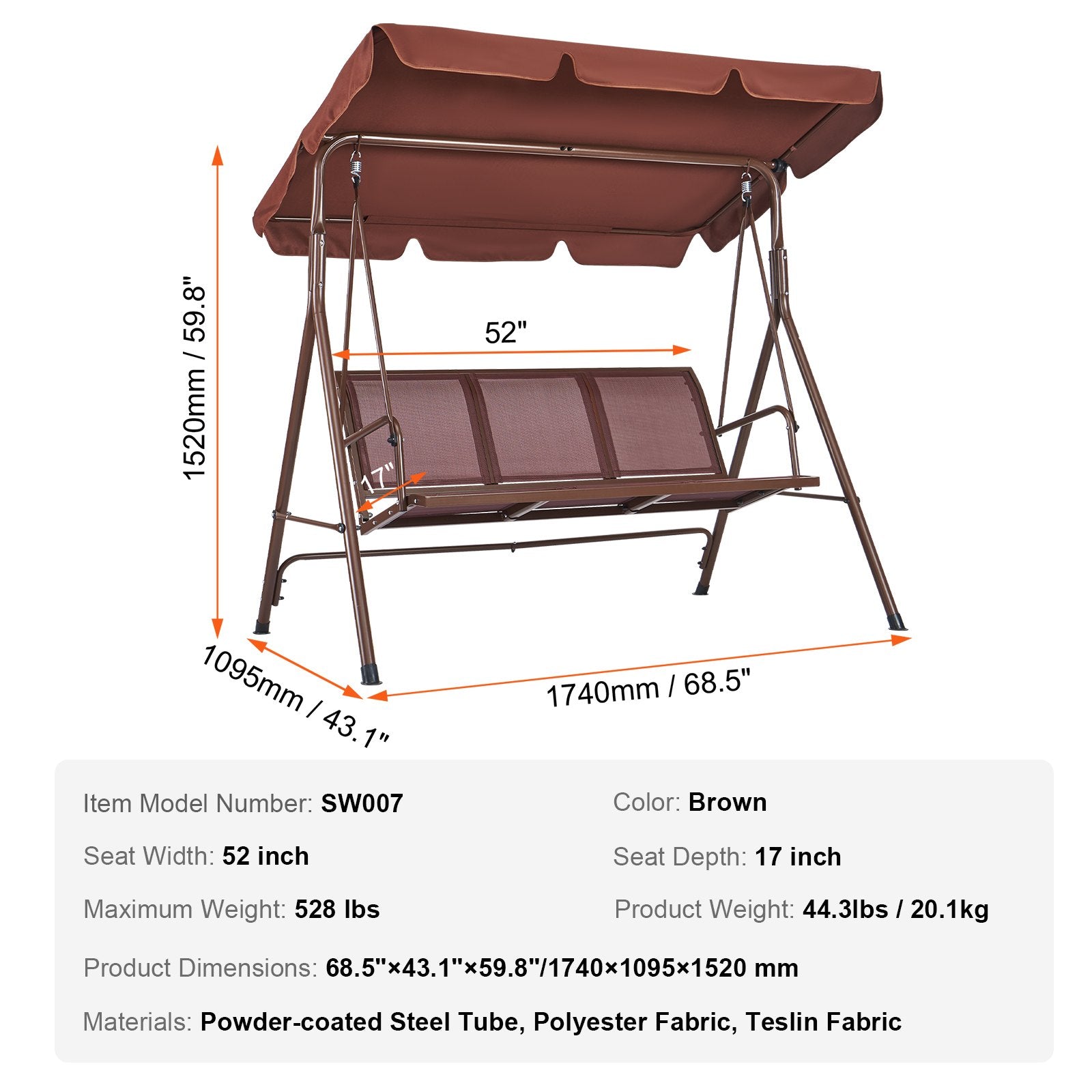 Trijų vietų lauko sūpynės VEVOR SW007, 240 kg keliamoji galia