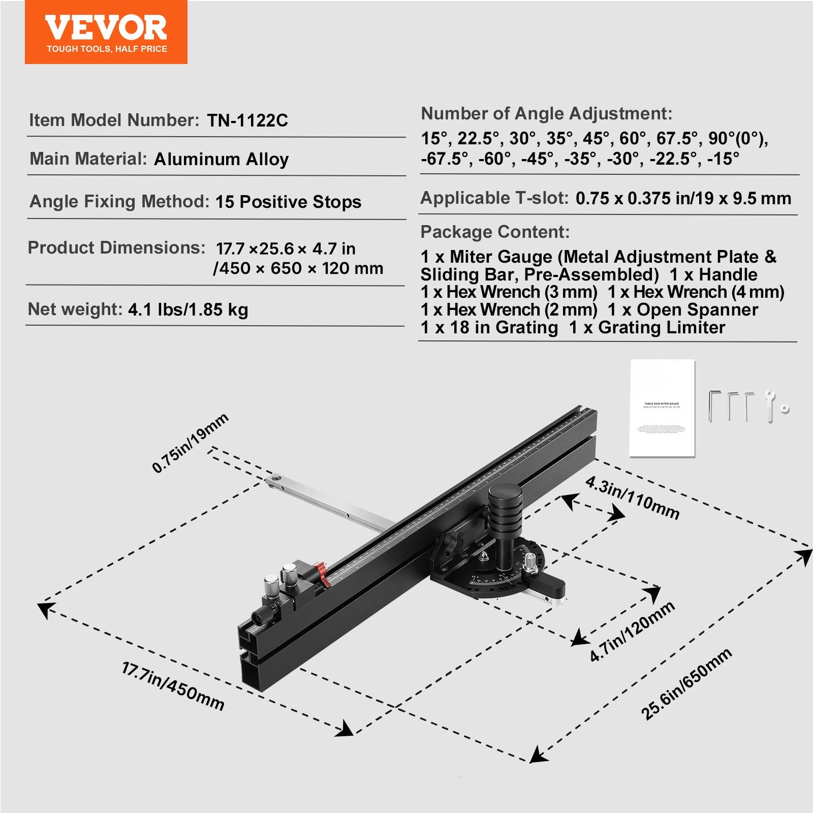 Tikslus kampainis stalinėms pjovimo staklėms VEVOR TN-1122C, 61 cm kreipiančioji