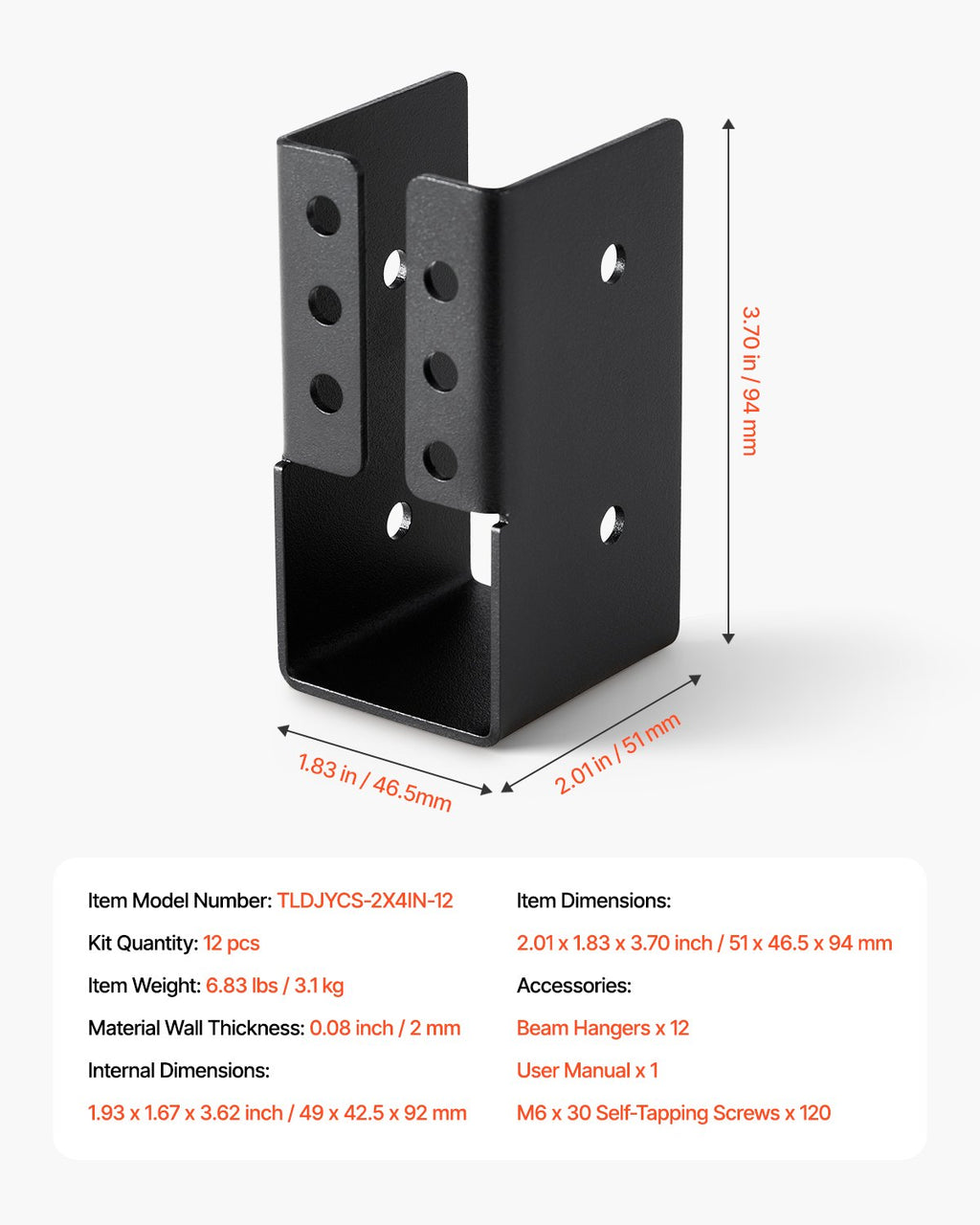 Paslėptas sijų laikiklis VEVOR TLDJYCS-2X4IN-12, 12 vnt. rinkinys