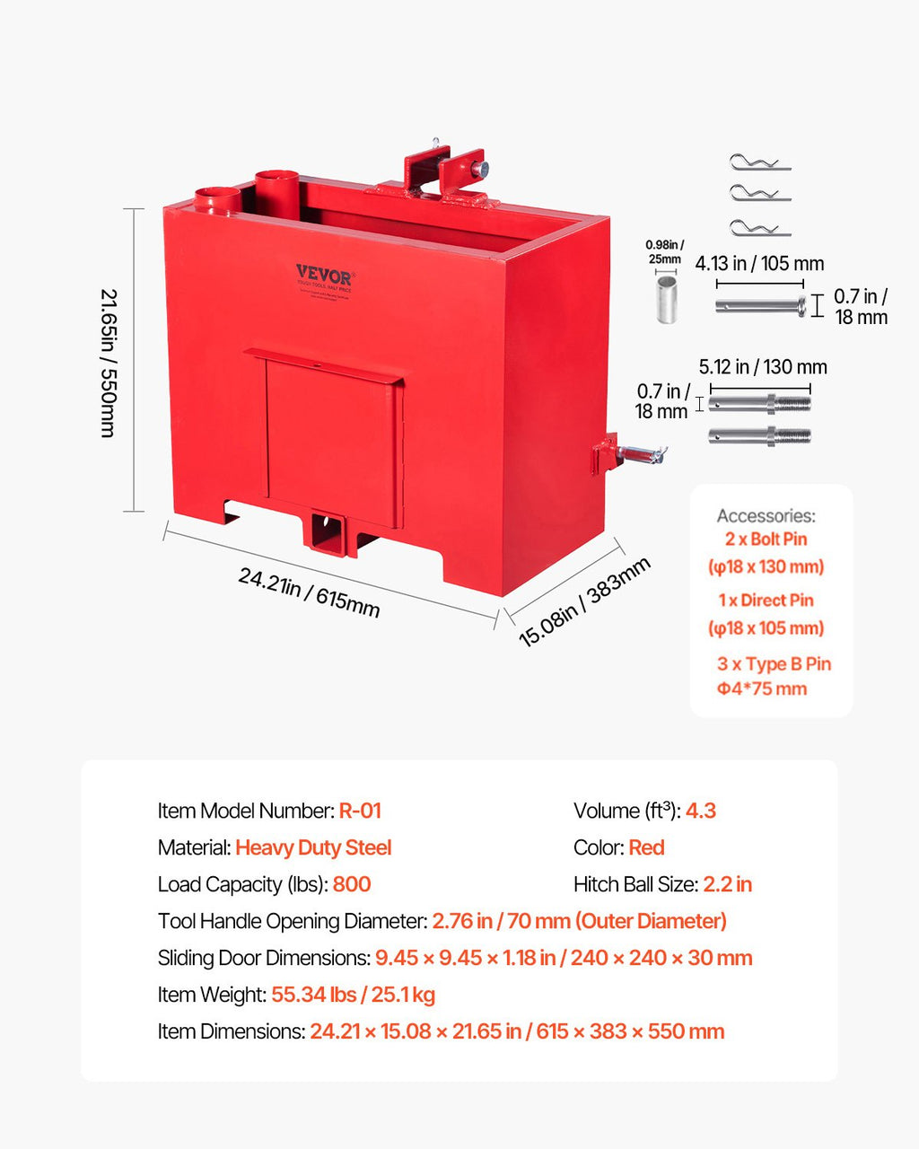 Balastinė dėžė traktoriui VEVOR R-01, 363 kg talpa