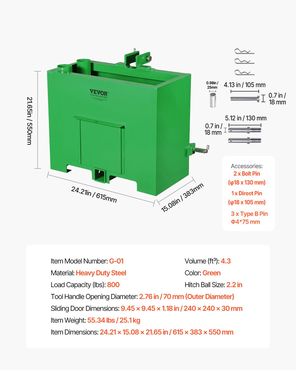 Traktoriaus balastinė dėžė VEVOR G-01, 363 kg talpa