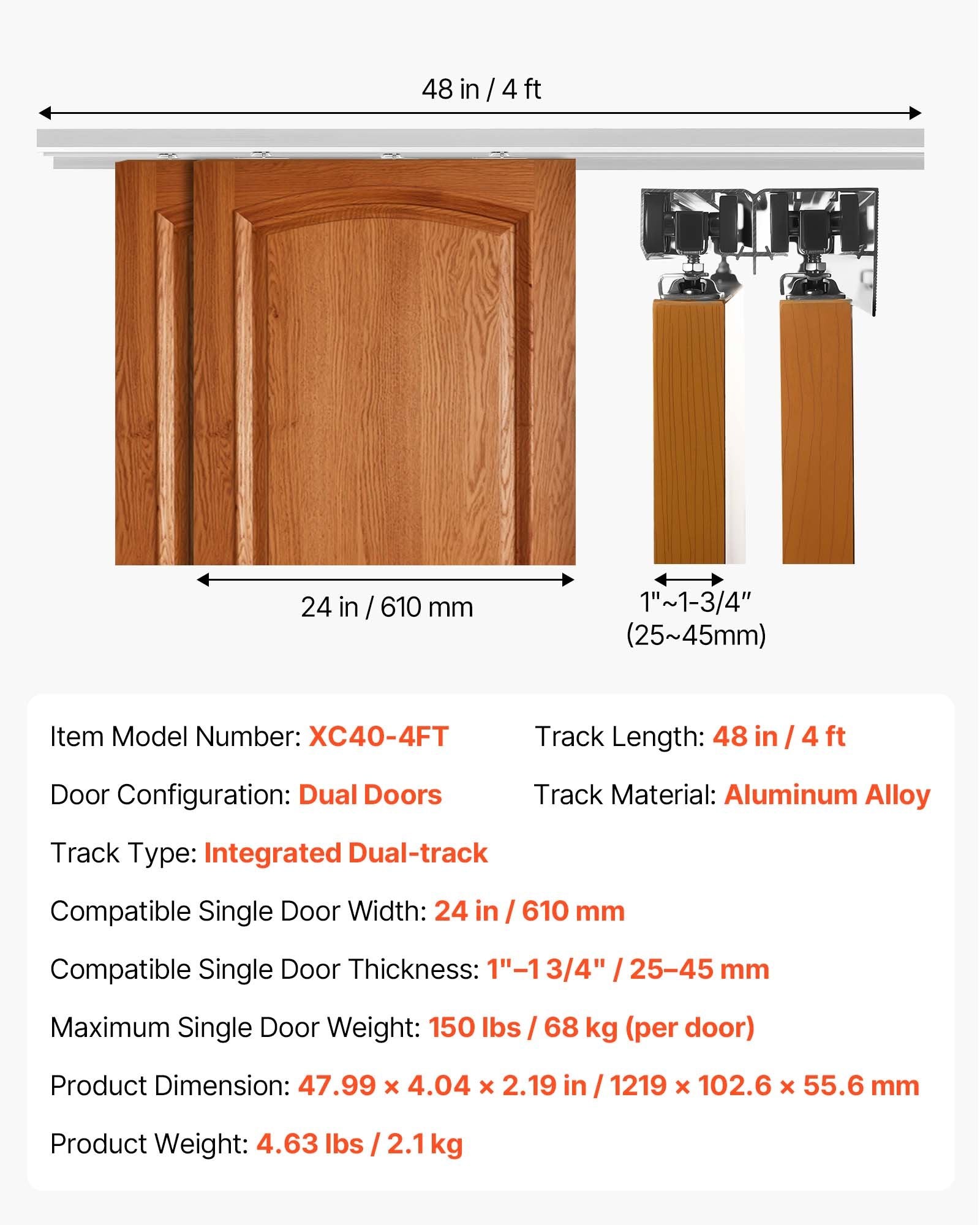 Stumdomų durų furnitūros komplektas VEVOR XC40-4FT, 1219 mm