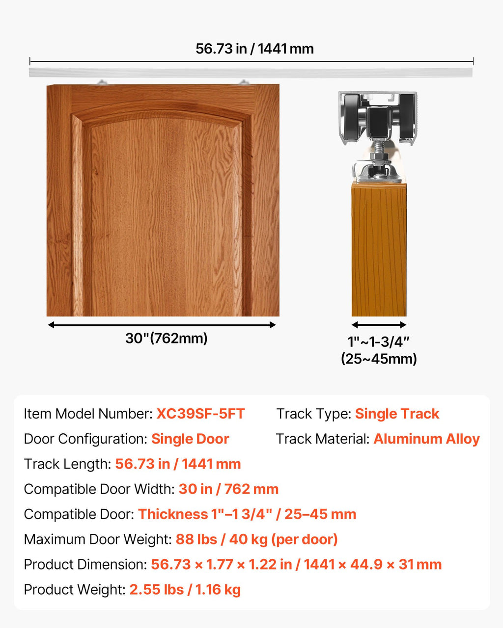 Stumdomų durų bėgelio komplektas VEVOR XC39SF-5FT, 1441 mm