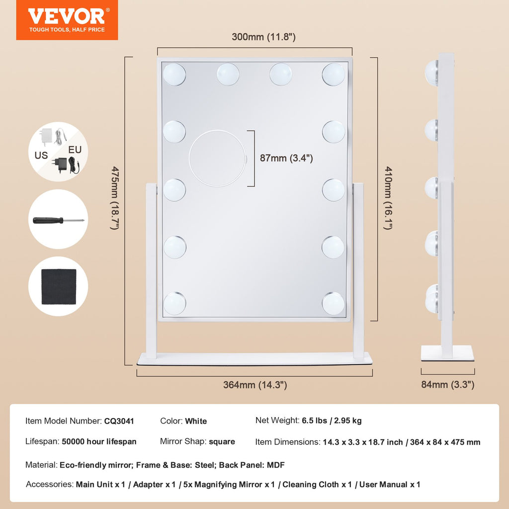 Kosmetinis veidrodis VEVOR CQ3041, 12 LED lempučių