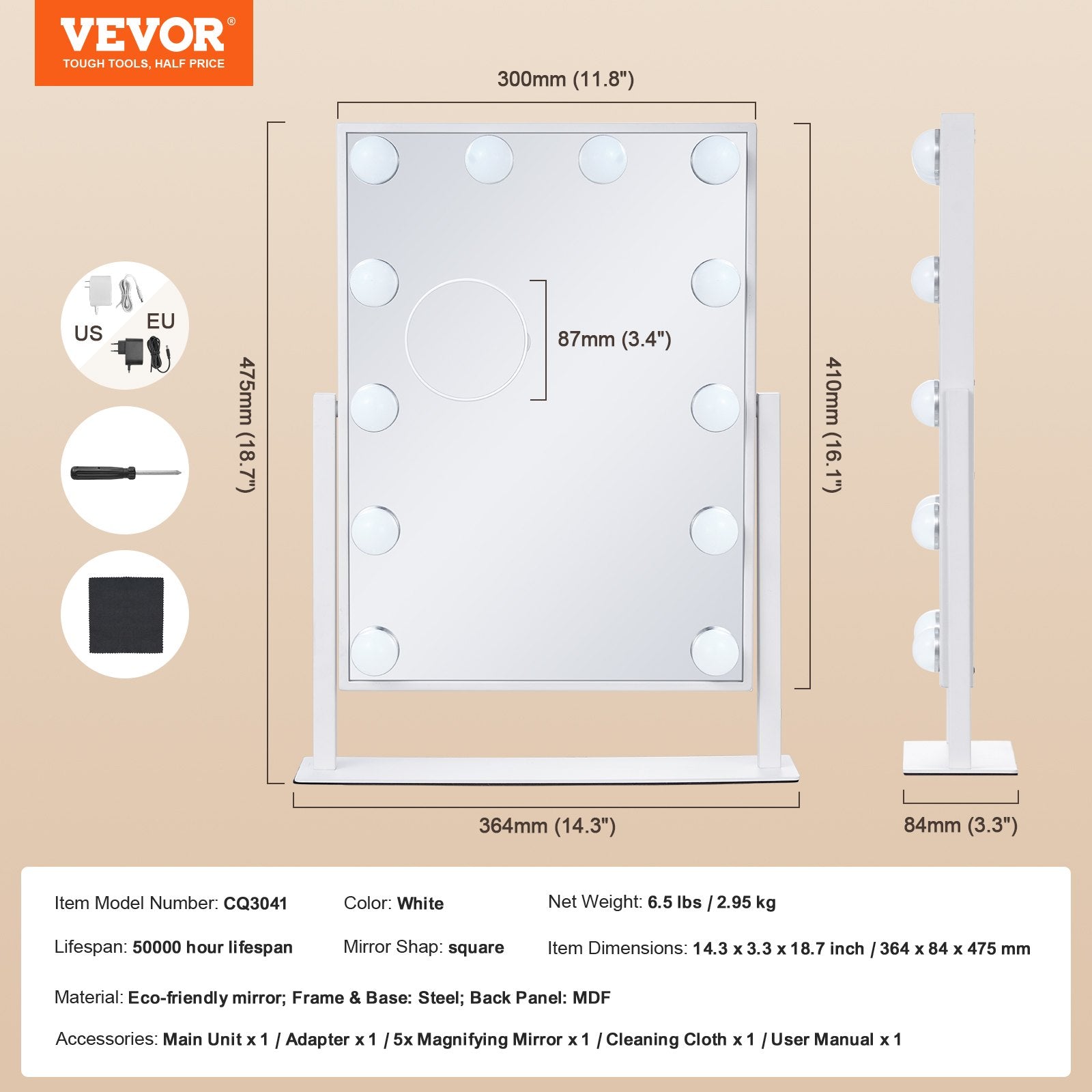 Kosmetinis veidrodis VEVOR CQ3041, 12 LED lempučių