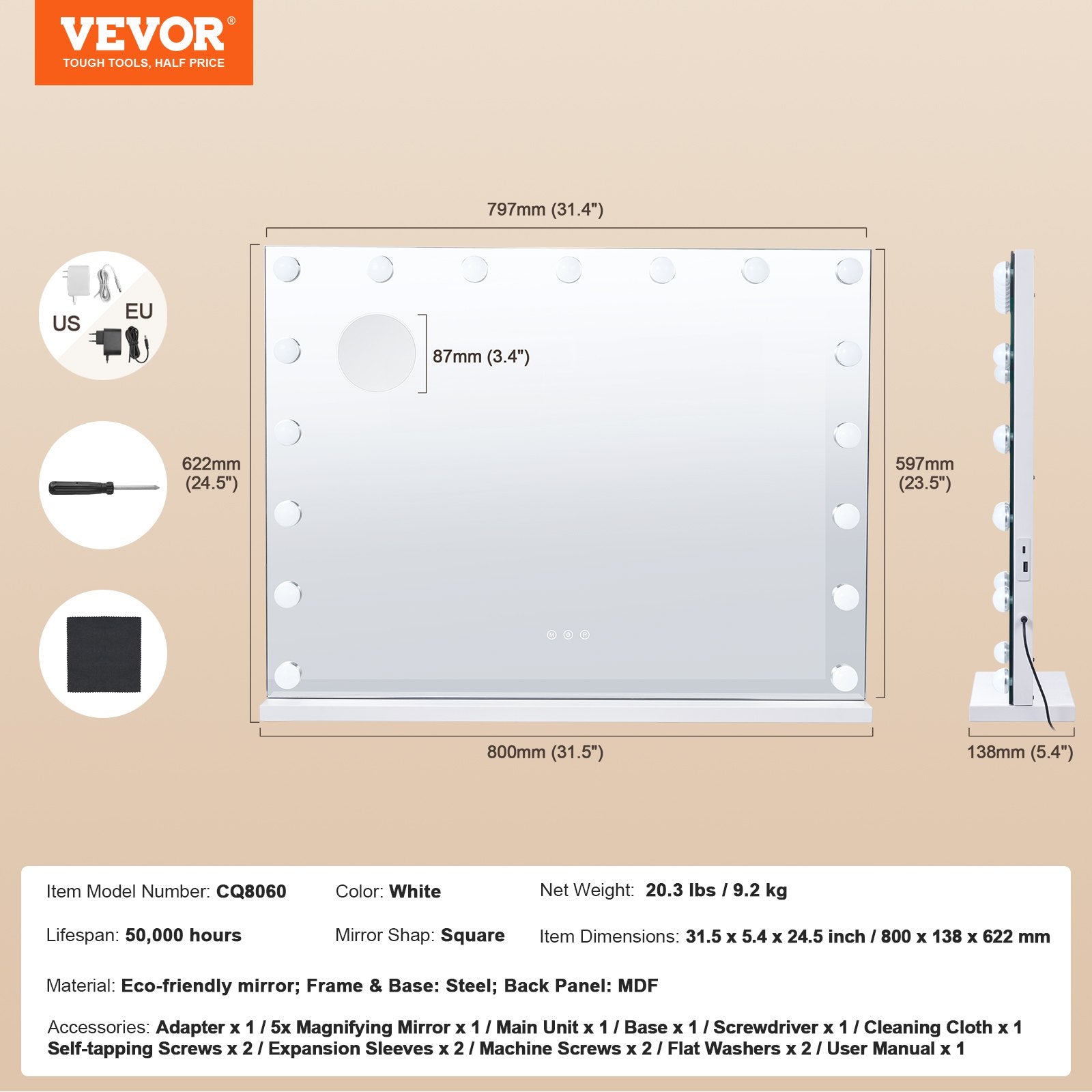 Grimo veidrodis VEVOR CQ8060, 59,9 cm