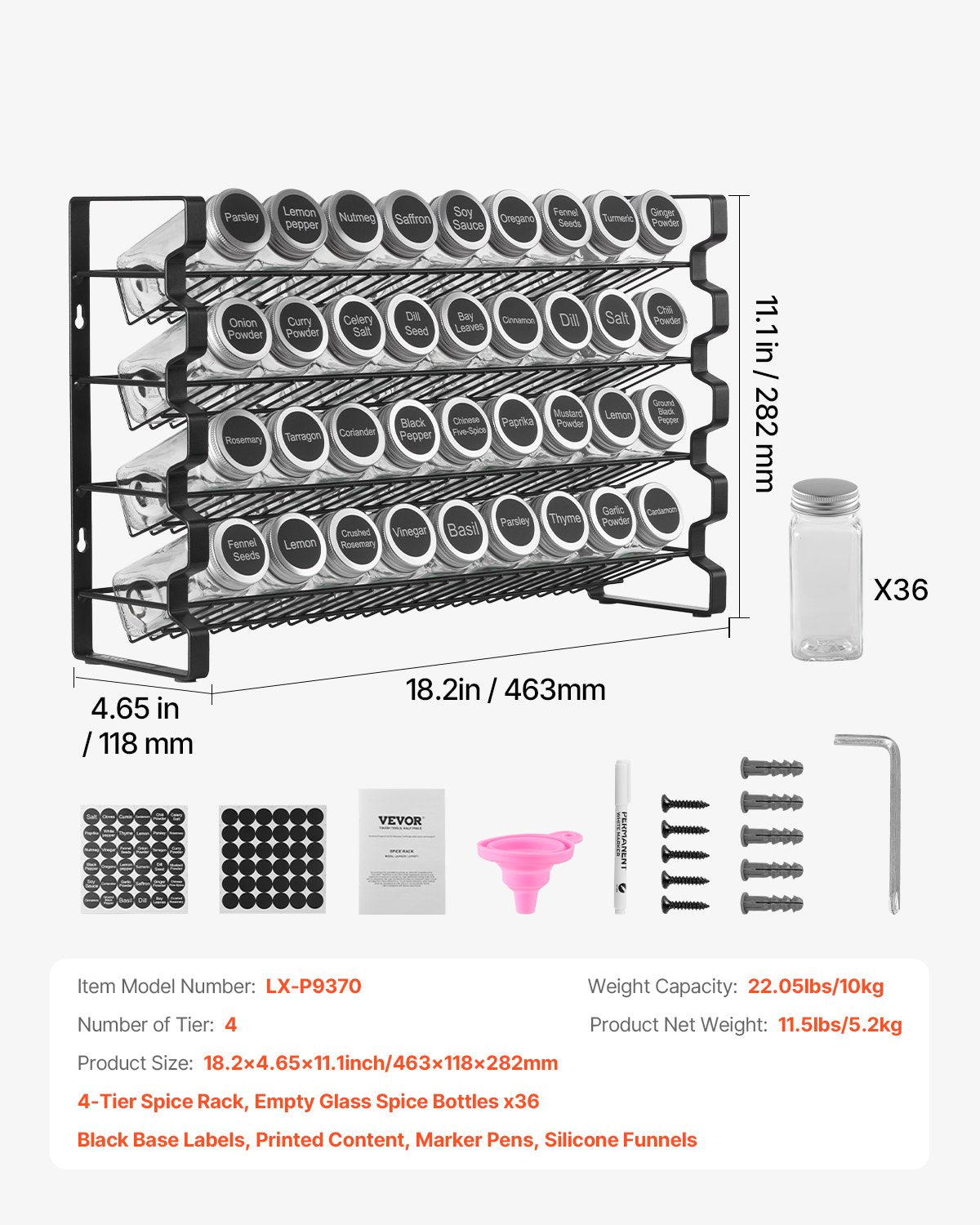 Prieskonių lentyna VEVOR LX-P9370, 36 stikliniai indeliai